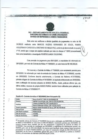)

fa

I
)

I
)

MJ - DEPARTAMENTO DE POLIcIA FEDERAL

I

DIRETORIA DE COMBAlE AO CRIME ORGANIZADO
DiVlsAO DE REPRESSAO A CRIMES FINANCEIROS

)

)

Mais uma vez veliftca-se a divis~o igualitaria de pagamentos no valor de R$

)

24.00D,00

)

realizada entre MARCOS VALERIO FERNANDES

DE

SOUZA, RAMON,

HOLLERBACH CARDOSO e CRISTIANO DE MELLO PAZ, con/arme ja demonslrado no quadro~

I

nO41, sendo que 0 saque em especie realizado por meio do cheque nO 15810 provavelmente

)

leve como beneflciario 0 investigado ROGERIO LANZA TOLENTINO.

)

)

Com previsao de pagamento para 0811112001, 0 empreslimo foi lefannada em

I

2011212001, por meio do Conlr.3to de Miltuo nO7191009101, no valor bruto de R$180.000,OO.

)

)
)

Por sua vez, 0 Contralo de Mutuo nO 719/009/0, com vencimenlo previsto para

)

2011212001, foi fe/ormado por meto da emissao do Cantrato de Mutuo nO 217/(l(I9102, ocorrido

I

em 2810312002. Conforme descrilo anteriormente, 0 C<Jnlralo de Reforrna nO217/009J()2,

)

primeira roiagem do Contrato de Mutuo nO5411009101, foi liquidado efe~vamenle em 3010912002.

)

J

com a utlNzar.'lo de recursos oriundos do BANCO RURAl. Assim, pode-se afirmar que, em

)

ultima analise, recursos do pr6plio BANCO RURAL lambem foram umizados para quila:M do

)

C<Jntratode Mutuo nO579/009101101.

)
)

Quadro 45 • Contrato de miltuo n' 09211009102(Item 8 do quadro 32)

)
)
)

i

Cte~,r.
~or.

Av"Iisbs:

)
)
)
)

Valor prin;;ip~t
Valor Ilquido crediladQ:
Data do operaylio:
D,b do ""ncimenlo:

B8000 Rural SA. CNPJ 33. 124.9S9/nOQl-98
$MP&B Comunio~o Lid.. CNPJ01.322.0780001.~5.
Cristiano de MelloPar, CPF 129.449416-7:2.
R"""", Holle..ooc:hCan:laso, CPF 143.322.216·72.
Maroos Val.rio F.mood .. da Souza. CPF ~03.760.956·87.
RS500.000,OO.
R$498.1:l4,50.

141t0/C2.
13101100.

)
)
)
)
)

)

107A soguod, reform. do Co,n",lo nO541J1)09JDl dou"""" com , celeb,"",o, em 2610712002, do Conlr.to
ce Muluo 0° 6871009102 no ""lor broto de R$S.953.oo0,OO e _encimento pre,,;,!o
24/1012002. Os
re""",,,, oriundo, <lOSS" contr.k>. P'" 'U" ~e". propiciaram 0 p'g'lllOnto do OmtrolO de M~wo ""
217/009JD2. Com prev;siio d. vencime"to em 24(10/2002, Q cmpr .. tirno foi ofoli""monte quitado, om
30JD~f(I2, pelo "",lor de RS 6.221.584,88. 0, r«OM. para liquida~io deo,e cont,ato furam nov,ole"l.
pro_<oi.nle, do proprio BANCO RURAL, por melo ~c l.a"_'menlo AYi,a~o de R$ 6.994.535.25. "m
2610912002, de $ua coota nO 350000065, ,gfnci. 002, para. oooia n' 6002595-2, l.mbOrn no BANCO
RURAl.., de tilulandade d. SMP&B CQMUNJCA(AO
LWA

1''''

)

I

1~j

~

 