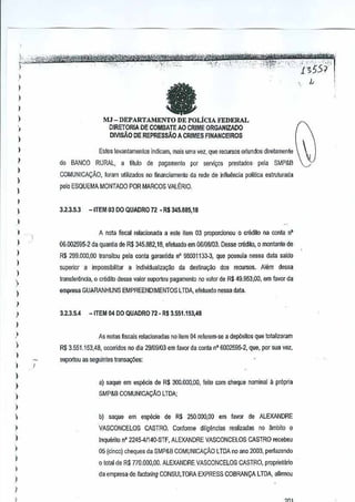 h,_,~~~~
-'.:
__
~",."".;z;

1'55~

I
)

I
)

)

MJ -DEPARTAMENTO DE POLiClA FEDERAL
DIRETORIA DE COMBATE AO CRIME ORGANIZADO
DIVISAO DE REPRESSAO A CRIMES FINANCEIROS

,

)

1
)
)

)
)

1
I

"

a

)

Estes :evanlamenlos indicam,mais uma vez, que recursos oMundos dire[amenle
do BANCO RURAL,
COMUNICACAo,

a

titulo

de

pagamenlo

selVi~os

preslados'
pela

SMP&B

foram ulilizados no financiamonto da rede innuencia polilica eSlrulurada
de

pBlo ESQUEMA MONTADO PORMARCOS

3,2.3.5.3

por

-ITEM

VALERIO.

03 DO QUADRO 12R$ 345,885,18
•

I
A nota fiscal relacionada a esle item 03 propordonou

)

0 credito na conla
nO

)

05,0025%-2 da quanlia de R$ 345.882,18, efeluado em 08108103, Desse credito, 0 monlanle de

)

R$ 299,000,00 transiiou peJaconla garanlida nO
B8001133-3, que possula nessa data saldo

)

)
)

)

supeIior a impossibililar
lransferencia,

0

a indlliidualiw9ii.o

da

destina9ao

dosrecursos_ Alem

dessa

credito desse valor suporlou pagamenia no vBlar de R$ 49.953,00,em favor da

OOlp(asa GUARANHUNS EMPREENDIMENTOS LTDA, efetuadonessa

dala.

I

)

3.2.3.5.4

-ITEM 04 DO QUADRO 72- R$ 3.551.153,48

,

As nolas fiscais relacianadas noitem D4 referem"se a dep6sitos que totalizaram

}

R$ 3.551.153,48, ccorridos no dia 29/09103 em favorda conla nO6002595-2, que,POI'sua vez,

1

I
)

suportou as seguintes lfans~Oes:

)
)
)

a) saque em especie de R$300.000,00, feito com cheque nominal a pr6pria
SMP&B COMUNICAr;:AO LTDA;

)
b) saque em

)

VASCONCELOS

)

Inquento nO 2245--4/140-STF, ALEXANDRE VASCONCELOS CASTRO recebeu

)

05 (cinco) cheques dB SMP&B COMUNICACAO LTDA no ano 2003, perfmerldo

)

especie

de R$ 250,000,00 em



CASTRO. Confonne diligencias

favor de ALEXANDRE
realizadas

no ambito 0

() lolal de R$ 770,QOO,OO. ALEXANDRE VASCONCELOS CASTRO, proprietilrl()

)

)

I

da empresa de factoring CONSUL
TORA EXPRESS COBRAN(:A l TDA, a~rmou

 