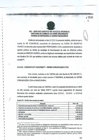 j

I

L

fa

I
)

I
I

MJ - DEPARTAMENTO DE POIiCIA FEDERAL

)

DIVISAO DE REPRESSAO A CRIMES FJNANCEJROS

DIRETORlA DE COMBATE AO CRIME
ORGAN!ZADO

)

Conforme uemcnslrado noitem 3.1.2.2.1 do presente reial6rio, conclui-se que a

)
)

quantia de R$ 10000.000,00,

provenienle de adiantamentodo FUNDO DE INCENTIVO

)

VISANET, ioi des~iadil pela empresa DNA PROPAGANDA LTDAe PDsleriormenle repassada a

)

agenles publiws no ambito da eslralegia de flnanciamenlo da rode de inftuencia poll~ca

I
I

montadll per-MARCOS

VALERIO, conforme dilig1incias relacionadas aos beneftciilrios indic~dos

nos Quadros 23 e 24, que delalhou 0 destinedos recursos obtidos pele conlratode mutua em

)

quesl~01l'1.

)
)
)

3,2.3.4.5· CONTRAlO NO14.03.01~61"-SMP&B

COMUNICA9Ao LTDA

I
)

Esle oonlrnlo, realizado no dia 14107/04 pelo valor IIquido de R$ 3.485.557,11,

)

cujo monlante; lai tfansferido para a conla corrente n' 6002289-9, ds tilularidade da SMP&B

I

. COMUNICACAo

)

LlOA no BANCO RURAL,

)

A partir de.sa conta,em 14107/04,0 valor fai navamente Iransferido para0 BMG

)
)

em tr~

)

Iinanceiras dos oontratos analisados anlerionnenle (ilens 3,2.3.4.1,

)

conforms quadro abaixo:

)

)

)

parcelas, por meio de 'debito SP8'13<, quando houIe pagamenlos
3.2,3,4,3

e .2.3,4.4)
3

Quadro 16 - D•• ~nD dos "'ourso» do mlltuo
Valo,· R$

0"00;1.

)

de despesas

Pagameoloo..nco'l!9§ do OOnl",lo n'll.Ol.oolG2lPD

'"""w do """"",0

. sub/:'m .,"

35t5C8,ll

I

P'g,menta d,

)

P~m~""<1.de en"f]]ilS do oont",tc

)

Sub10tal
'61CPItF 1(1), ~,38%1

701.2:2,771
3,472."16213
13.194,98

)

IClTotal" (A)'(SI

3Al~.5'71t

)

V.lo, lIo,ldo 00 ,mpr«Umo

3.4115.117.11

n' 14.03,00(]62 (G.. m~) _-",bUe", ","

n' 14,1)3,00538rr olen~nol _su~l.m

'd"

2.413.53I,jl

)

)
)

I
)
)
I

B2 No item 3.1.2.1.1 fo,"", r.I.I,d" OSdilig'nd., reiacioo.dos ,os benelici:irios do,!os '''''''''0' quo
,;nel, no" h,viam sido ider.li!k.do, 0 locolizados no, invcs!iga,oe, anl.riOle,.
." EM. 00"1 10 "nC<lnlro-,e .nati",do no ilem 3 _ Dos empr<slimos a SMP&B Comunica,oo Llrfa, dQ
..
Lando d. E,,,ne Conljbi] n' 1854!06-SR/MG,
'" SPU- Si,l,m, 00 I"g,x.e,"", B,,,U<im, ,i~ema q"' pormile1"",[",,6,,, do rec,r"" l'O' me;" 11,[",ilui",,,,
n,ooceira" b,,,, co"", 0 ]>tocessamcnto e .liqulda¢o."" P'WO_u" P"" P'~"
emp"'''', gOY",.o, B.n""
Ceot""" ban"",, FQnoo: !lacen,

189

 