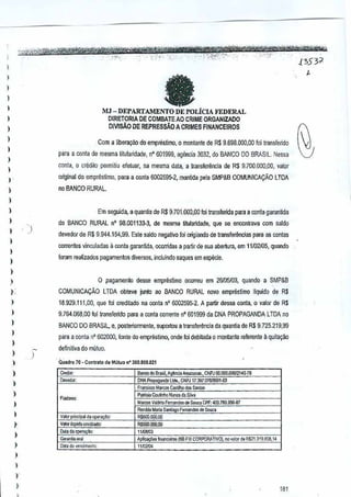 ,
I

fa

,,
I

MJ - DEPARTAMENTO DE POLiClA FEDERAL
DIRETORIA DE COMBATEAO CRIME ORGANlZADO
DIVISAO DE REPRESSAo ACRIMES FINANCEIROS

)
)
)

Com a libera~

)

do empresiimo, 0 mon/ants dB R$ 9.698.000,00 foj transferido

para a conla de mesma litularldade, nO 601999, agencia 3032, do BANCO DO BRASIL. Nessa

,

)

conta, 0 crildilo perrnitiu efeluar, na mesma data, aIransfenlncia de R$ 9}OO,000,00, valor
onginal do elTlplestimo, para a conta 6002595-2, manUda pela SMP&B COMUNICACAO LTOA

I

no BANCO RURAL.

)

)

I

Em seguida, a qua~lia deR$ 9.701,000,00 fai transfeJida para a conla garantida

I

)

)

)

do BANCO RURALn' 98.001133·3, de mesma litularidade,qua 56 enrontfava com saldo
devedol de R$ 9,944.154,99. E,le saldo negativo loi origiando de transfen'mcias para as contas
correntes vinculadas 11conla garanUda, oconidas a partir de sua
aberlura, em 11102/OS,qU3ndO

I

fomm realizados pagamentos diversos, i~cluindo saques em especie.

)
)

o

)

pagame~io

desse empreslimo

ocorreuem 26i05f()3, quando

a SMP&B

LTDA obleve junto ao BANCO RURAL novo emprestimo IIquido de R$

}

COMUNICAQAO

)

18.929.111,00, que foi cre<litado na conla nO 6002595-2. A partir dessa conla, 0 valor de R$

)

9.7B4.06a,oO foi lraosfelido para a conta corrente nO 601999 da DNA PROPAGANDA LTDA no

)

BANCO DO BRASIL, e, posteriormente, suportou a transferencia cia quantia de R$9.725.219,99

)

para a conta n' 602000, fonte 00 emprestimo, onde foi debitada 0 monlanie referente 11
quila~ao

)

deffniliva do mutuo.

)

)
, Qu,dro 70• Contrato d. Mirtuo n' J611.BOO.ll21

)

)

CredO!:

S."",

DO'iodcr.

)

DNAl'rop,lt"'d,

do Brasil, Aglnd, i.mamnas"

CNPJ 1)O,I)OO.1lOOfl14D-13

lklli" CN?J 17,3$1.076.'0001·00

Flar.ciso> M,rc"" Casll"" des Saotilil

)

Patrj~, Cou!nhoNun" d. 611"

)

M=

Va:lno F€rnandes de Soo:z. CPI': 403.760.9&J~7

Renilda Mari.

I

Valor principal d. OW-'p<>'

I

V2b; ~<;,'Mooroditado:

RS600.000.00

)

0.10 do """"-

)

Oat< do ',endrnonlo;

Sall1i<Go Fernand03de Sooza

R$Wl,ooo,OO

Gat.n ..

,.,1

,,'"'

Aflloa-t .. fi"onc~""
11iWlt)I

ISB FIX CORPOR/ rIVO). 00 ,,~r"e

R$2!.31 ~ ,8(16, 14

)
)

)
)

181

 