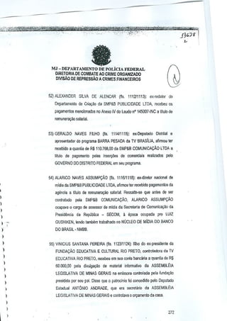 .".

-'-"""""-'~"

,',,~,
",,-

- ~~~'f%)kH

h£~~~",_>_"""

"

fa

MJ - DEPARTAMENTO DE POLicIA FEDERAL
DIRETORIA DE COMBATE AO CRIME ORGANIZADO
DIVlSAO DE REPRESSAO A CRIMES FINANCEIROS

52) ALEXANDER

SILVA DE ,~LENCAR (fls, 111211113): ex-red2tor do

Departamento de Cria<;ao da SMP&8 PUBLICIDAOE LTDA, recebeu os
pagamenfDs mencjonadQs no Anexo IV do Laudo n"145007·INC a titulo da
remunera~ao salarial.

53) GERALDO NAVES FILHO (ll~, 1114/1115): ex-Deputado

Distrttal e

epresentador do programa BARRA PESADA cia TV BRASiLIA, afrnnou ter
recebido a qU3ntia de R$110.768,OO da SMP&B COMUN1CACAO LTDA a
titulo de pagamenlo pelas insw,;ile~ de comercJais realizados ptllo
GOVERNO DO DISTRITO FEDERAL em seu programa.

54} ALARICO NAVES ASSUMPCAo (fls, 1116/ll18): ex-direlor nacional de
midia da SMP&B PUBLICIDADE LTDA. afinnou ter recebide pagamenlos da
agencia a titulo de remunera9ao salaria!. R€ssalle-se que antes de ser

)

conlratado

1

ocupava

)

Q

pela

SMP&B

COMUNICACAO,

ALARICO

ASSUMPCAo

cargo de asS€ssor de mldia da Secretarta de Comunica~ao da

Presidencia da Republica - SECOM,

)

a epoca

ocupada

pro LUIZ

)

GI)SHIKEN, tendo tamb8m trabalhado no NUCLEO DE MlolA DO BANCO

r

DO BRASil· NMBB,

)
)

55) VINICIUS SANTANA PEREIRA (fis, 112311124): filho do ex-presictente da

)

FUNDACAO EDUCATIVA E CULTURAL RIO PRETO, controladora da TV

)

EDUCATIVA RIO PRETO, recabeu em sua coora bancaria a quantia de R$

)

60,000,00 pela dil'UigayM

de material informative da ASSEMBLEtA

)

lEGISLATIVA DE MINAS GERAIS na emi$sora controlada ptlla funda9aa

1

1

presidioa ]}Or seu pai. Disse que 0 pairocinio foi concedido pelo Oeputado

)

Esladual ANT6NIO ANDRADE, que era secretilrio da ASSEMBLEIA

)

LEGISlATIVA DE MINAS GERAIS e conlrolava 0 or~amento da casa,

1
1
I

""'1

'j'ftG78;

 
