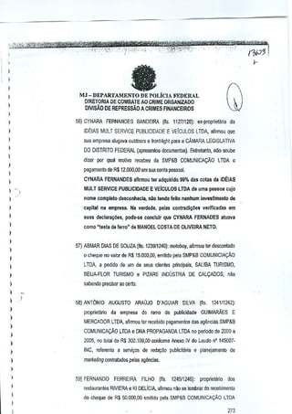fa

)

I
I
I

MJ -DEPARTAMENTO DE POLiclA FEDERAL
DlRETORIA DE COMBATE AD CRIME ORGANIZADO
DIVlSAO DE REPRESsAO A CRIMES FINANCEIROS

)

)

I

56} CYNARA FERNANDES BANDElRA ("8. 11271128): ex·propnet.3ria cia

)

IDEIAS MUL T SERVICE PUBLICIDADE E VElcULOS LTDA, afirmou que

I

sua empresa alugava outdoors e front·light para a CAMARA LEGISLATIVA

)

DO D1STRITO FEDERAL (apresenlou documenlos). Entrelanto, nao soube

)

dizer por qual motivo recebeu da SMP&B COMUNICA~AO LTDA 0

I

pagamento de R$12,OOO,OO em sua oonta pessQal.

)

CYNARA FERNANDES aflrmou ter adquirido 99% das colas da IDEIAS

I

,

MULl SERVICE PUBLICIDADE E VElcULOS lTDA da uma pessoa cuJo

)

capital na empresa. Na verdade, pelas contradiy<les verificadas em

)

$uas decI3ra~6es, pocle-se conclulr que CYNARA FERNADES atuava

I

como "testa de ferlo" de MANOEL COSTA DE OLIVEIRA NETO.

)

nome completo desconheda,

DaDlando faito nenhum investlmento de

)
)

57} ABMAR DIAS DE SOUZA (fis. 1239/1240): motoboy, afirmou terdesconlado

)

o cheque no velor de R$15.000,OO, emitido pela SMP&S COMUNICIA<;:AO

I
)

LTDA, a pedido de um de seus cjienles principals, SALIBA TURISMO,

I

8EIJA·FLOR TURISMO e PlZARE INDUSTRIA DE CAL<;:ADOS, nao

)

sabendo precisar ao cello.

I
)

I
)

,

58) ANTONIO AUGUSTO ARAUJO O'AGUIAR SILVA (!Is. 124111242):
prqp~etario da empresa do ramo de publicidBde GUIMARAES

E

MERCADOR LTDA, afrrmou ter recebidopagamenlos das agellcias SMP&S

)

)

I

COMUNICA<;:AO LTDA e DNA PROPAGANDA LTDA no perlodo de 2000 a
2005, no lolal de R$ 302.109.00 conforme Anexo IV do Laudo n' 145007·

)

INC, referenle a 5ervigos de redag30 publici1<ria e planejamento de

)

mariteting contratados pslas ag~ncjas.

)

,

)

I

59) FERNANDO FERREIRA FlLHO (r.s.

124511246):

proprietMo

dos

restaurantes RIVIERA e KI DELICIA, afirmou nih se lembrar do recebimenlo
do cheque de R$ 50.000,00 emitido pela SMP&8 COMUNICAt;A.O LTOA

)
)

273

 