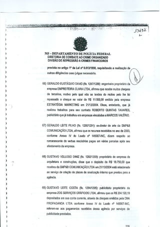 fa

M.J - DEPARTAMENTO DE POLiCIA FEDERAL
OIRETORIA DE COMBATE AO CRIME ORGANIZADO
DIVISAO DE REPRESSAO A CRIMES FINANCEIROS

prevista no artigo 1° da leI nO 9.61311998,
requlsltando a real1za~aoda~
nutras diligilncias caso julgue nacessMo,

66) GERALDO EUST AQUIO DAVID (fls. 126711288): engenheiro propriet:irio da
empresa EMPREITEIRA CLARA LTDA, afirmou que rece.le muitos cheques
de terceirus, motivo pelo qual nao se lembra do motivo peJo Ihe fai
repassado 0 chElCfueno valor de R$ 11.500,00 emitido pela empresa
ESTRAT~GIA MARKETING em 21/1212004. DisSiJ, entreianlo, que ja
realiz()u Irabalhos para seu cunhado ROBERTO QUINTAS TAVARES,
publicltMo que jil trahaihou em empresas vinculadas a MARCOS VALERIO.

67) GERALDQ LEITE FILHO (fls. 129011291): eHliretor de arte da SMP&B
COMUNICACAO LWA, afirmou que os recursos recebidos no ano de 2003,
conforme Anexo IV do Laudo n' 145007-INC, dizem respeito ao
rcmanescente de verbas rescis6rias pagas em vilrias parcelas ap6s seu
afastamento da empresa.

68) GUSTAVO VELLOSO DINIZ (fis. 129211293): proprielilrio de empresa de
arquitetura e construyiles,

disse que 0 depjsito de R$- 18.750,00 que

I~ebeu da SMP&B COMUNICA9AO LTDA em 2111012004 estil relacionado
ao serviliO de Cria900 de placas de sinalizayao inlema que prestou para a

agencia.

69} GUSTAVO LEITE COSTA (~s. 12MI1295): publicltilrio proprietario da
empresa ZOS SERVI90S GRAFICOS LlOA, afirmou que os R$ 204.120,19
depositados em sua conta corrente, alravils de cheques emilidos pela DNA
PROPAGANDA LTDA conforme Anexa IV do Laudo n' 145007-INC,
referem-se aos pagamentos re<::ebidosdessa aj.Jencia pol servi<;os de
publicidade prestados.

 