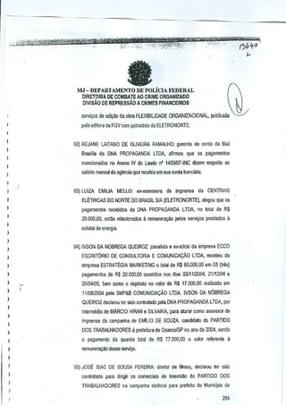 MJ_DEPARTAMENILiCIAEEOERAL
DIRETORIA DE CaMBATE AD CRIME ORGANIZADO
D[VIsAO DE REPRESSAD A CRIMES FINANCEIROS
servi90s de ed~ao de obra FLEXIBILIOADE ORGAN!ZACIONAL, publicada '0!/
Deja editora da FGV com p;ltroclnio da ELETRONORTE.
)

I

92) REJANE LAITANO DE OLIVEIRA RAMALHO: gerente de conla da filial

I

Brasilia (la DNA PROPAGANDA LTDA, affrmou que os pagamenlos

I

mencionados no Anexo IV do Laudo n' 1450{(l7·INC dizem resp€ito ao

I

salario menS<l1da agencia que recebia em sua conta bancaria.

)

)

93) LUIZA EMILIA MELLO: eX-<lssessorade imprensa da CENTRAlS

)

)

ELETRICAS DO NORTE DO BRASIL SfA (ELETRONORTE). alegou que os

)

pagamentos recebldos da DNA PROPAGANDA LTDA, no total de R$

)

20.000,00, est~Q relacklnado5 ; remunera9i1o pelos s.arvi90s prostactos a

)

estatal de energia,

)
)

)

94) IVSON DA NOBREGA QUEIROZ: jomalista e ex-socia da empresa ECCO

)

ESCRIT6RIO DE CONSULTORIA E COMUNICA9Ao LTOA, receoou da

I

empresa ESTRAT~GIA MARKETING 0 Iotal de R$ 60.000,00 em 03 (tres)

)

pagamentos de R$ 20.0CO,00 occrridos nos dias 03111/2004. 21112104e

)

20104/05, bem como 0 dep6,io no valor de R$ 17.000,00 rBalizaclo em

)

I
)

)

1110812004pela SMP&B COMUNICIA9Ao LTDA. IVSON DA N6BREGA
QUEIROZ declamu ter sido contratado pe!a DNA PROPAGANDA LTOA, por
intennMio de MARCIO HIRAN e SILVANIA, para aturar como assessor de

)
)
)

imprensa da campanha de EMiLIO DE SOUZA. candidato do PARTIDO
DOS TRABAUlADORES

a prefeitura de OsascolSP no ana de 2004, sendo

I

o pagamento da quantia total de RS 77.000,00 a valor referenle a

I

remunera9ao desse servi<;o.

I
)

95) JOSt ISAC DE SOUSA PEREIRA: diretor de f1lmes, deciarou IN sido

)

conlratado para dirigir os comerciais de lelevisllo do PARTIDO DOS

I

TRABALHADORES na cnmpanha eleilorat para prefeito do Municipio de

I
)

284

 