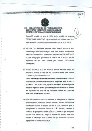 fa

MJ -DEPARTA.t:tENTO DE POLiClA FEDERAL

DIRETORIA DE CaMBATE AO CRIME ORGANIZADO
DIVISAo DE REPRESSAO A CRIMES FINANCEIROS
OsascoiSP ocorrida no ana de 2004, tendo recebido de empresa'
ESTRATEGIA E MARKETING, cujo representante nas trata~vas era

,

0

socia

MARCIO HIRAN. 04 (qualro) pagamentosno valortolal de R$ 67.000,00.

I

,
,

I

)

,

)

96) HELOlSA DIAS BEZERRA: servidora publica federal, afirmou ler side
conlratada por MARCIO HIRAN para aluar como redalora na campanha
polHica do candidato do PT a prefeito de OsascolMG em 2004, EMiolO DE

SOUZA, ser;i90 peru qual recebeu 0 valor de R$ 45.000,000, que foi
deposilado em sua conta corrente peJa empresa ESTRATEGIA
MARKETING.

I
)

J
)

97) PAULO EDUARDO LUll DE MATTOS: medico psiquiatra, negou ler
recebido 0 cheque no valor de R$ 100.000,00 emitido pela SMP&B

)

COMUNICACAO

,

Tendo em vista qua as animus financeirns consolJdadas no Laudo nO

)

EDUARDO LUIZ DE MATTOS, reputa-se neeassaria a Instaura~ao de

)

inqulirito espec[fico para a apura~ao da possival e<;uJtaV<'odo destino

)

I
)
)

LTDA em 0111012003.

1450}2007-JNC}DPF Indicam a emiss~o do cheque em favor de PAULO

do pagamento

no valor de R$ 100,000,00 oriundo -do ESQUEMA

MONTADO POR MARCOS VALERIO,

)

I

9a} SERGIO GUARIENTO GADELHA: S8Creta~ode pianejamenlo de Preleitura

)

de Nova Semma, afiffilOU tsr prestado seNic;os il empresa ESTRATEGIA

I

MARKETING durante as e:eiyBes do anD de 2004, denlre os quais

)

planejamenlo da campanha eleiloral de JOAO MAGNO, candidato a

I

Prefeilura de IpatingaJMG. Relalou SERGIO GUARIENTO que a empresa

I

ESTRATEGIA

I
)

0

MARKETING surgiu no mercado de repenle, lendo sido

ind!cado ao trabalho pm MARCIO HIRAN, pelo qual receoou em 1711212004

o pagamento no valor de R$10.000,OO

)

,
I

285

 