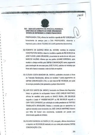 ;l}4~'

-"--

a'"''

--

."

.' . ",_:",,,;_,_:_,,~,,;~~ct@1zitrCl

j,'-:c"

J:;b2"
~

fa

MJ - DEPARTAMENTO DE POLicIA FEDERAL
OIRETORIA DE COMBATEAO CRIME ORGANIZADO
OIVISA.O DEREPRESsA.O A CRiMES FINANCEIROS
PROPAGANDA LTDA), afi!lllou ler recebido a quanUa de R$ 15.965,96 pelo '----/

,,

I

lomecimento de selYi~os para a DNA PROPAGANDA,

reforenles a

impressGs para 0 clie~le TElEMIG CELULAR (apresentou documentos).

,

,
,

32} ROBERTO DE QUEIROZ BRUM (fis. 537153B): mQtoboy da empresa
CONSTRUTORA MARKA, disse ler recebido a quanlia de R$ 20,000,00 de

I

JOSE FLAVIO LANNA DRUMOND, proveniente de venda de um sllio para

) ...
) - )

,

MARCOS VALERIO. A~rmou que !leU patr20 JUUANO NORONHA, ap6s

receber 0 cIleque emilido pela SMP&B COMUNICACAo como pagamenlo
pela constnJ,iio de uma casa para JOSE FLAVIO, soliGitou ao motoboy que

)

fosse

ate 0 banco e saca,se

0 valor do titulo em especie.

I

,
)

33) cLAuolo

COSTA BIANCHINI (fis. 5401541): publicilario vinculado a Rede

de Televisao Bandeirantes, aflrmou ler recebido 7 (sete) pagamentos.da

)

I

SMP&B COMUNICACAo LTOA, no valor total de R$118,540,94,

)

em r<lzao

de serviyos preslados (nao aprasenlou qualquer documento),

)

I

34) JAIR DOS SANTOS (lis. 5461547): funciomirio da Camara dos Oeputados

)

101000

))


n()

gabinele do ex-Oepu!.:Jdo Federal JOSE CARLOS MARTINEZ,

afrrmou tef recebido certa quantia no BANCO RURAL (R$ 200,000,00
segundo 0 Laudo n' 145012007-INCIOPF ou R$ 300.000,00 segundo a

)

CMPI "DOS CORREIOS") por solicita9M do enta~ pfl1sidente do PARTIDO

I
)

TRABAlHISTA

BRASILEIRO. Relalou

)

ag~ncia bancana como funcklnilrio de JOSE CARLOS MARTINEZ dizendo

)

que jjnha ido busC<l~ ums encomenda,

I

delerminOOa quanoa ern dinheifo.

0

motorlsta que sa apresentou n~

receb8ndo um pacote com

I
I

I

35) RICARDO BARBOSA ALFONSiN (fl. 5i9): advogado, afirmou desconhecer
o deposito de R$ 20.000,00 reali~do em sua conte pele empresa SMP&S

I
)

I

COMUNICAQAo LTDA.

266

I

 