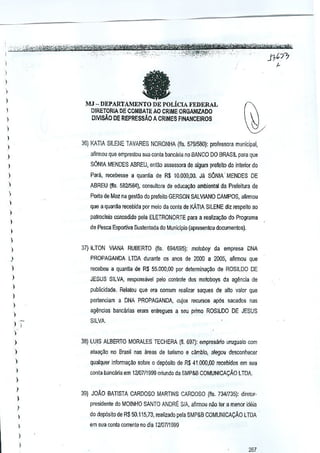 )

It

)

,,

)

MJ -DEPARTAl'tiENTO DE POLICIA FEDERAL
DIRETORIA DE COMBATEAO CRIME ORGANIZAOO
DlVlsAO DE REPRESSAO A CRIMES FINANCEIROS

)

)

I

36) KATIA SILENE TAVARES NORONHA (fis. 57SJ580): professora municipal,

)

)

afirmou que empf€slou sua conla bancaria no BANCO DO BRAS:l para que

I

SONIA MENDES ABREU, entao assessora de algum preleito do interior do

)

Para, recebesse a quanlia de R$ 10,000,00. Ja SONIA' MENDES DE

)

ABREU (fls. 58215M), consu[lora de edUC~Q ambiental da Prefeitura de

I

Porto de MOl na gestao do prefeito GERSON SAL VIANO CAMPOS, afirmou

I

que a quanlia recebida por meio da conla de KATIA SILENE di~ respeito ao

)

palrocinio concedido pela ELETRONORTE para a rea~zat;~O dl} Programa

I

de Pesca Esportiva Sustentada do Municipio (apresento~ documerrlos).

,
,
I

37) ILTON VIANA RUBERTO (fis. 69416gS): mofoboy da empresa DNA

J

PROPAGANDA LTDA durante os anos de 2000 a 2005, afinnou que

I

JESUS SILVA, responsavel pelo controte dos mololmys da ag~ncia de

I

recBbeu a quantia de R$ 55.000,00 por determinayao de ROSILDO DE

I

publiGidade. Relalou que era comum fCJlizar saques de alto valor que

)

pertenciam a DNA PROPAGANDA,

,
I

cujos rDCUrsos ap6s sacados nas

agencias banca~as eram enlregues a seu prirr.o ROSILDO DE JESUS

,

)

SILVA.

)

38) LU.IS ALBERTO MORALES TECHERA (fl. 697): empresMo

)

uruguaio com

)

atua~ao no Brasil nas areas de lurismo e camhio, alegou desconhecer

)

qualquer informa~ao sobre 0 dep6sito de R$ 41.000,00 reoobidos em sua

I

conta bancMaem

121D71199Soriundo da SMP&B COMUNtCACAO LTDA.

)

I

,
,
I

I

39) JOAO BATISTA CARDOSO MARTINS CARDOSO (fls. 734n3S): diretorpresidente do MOINHO SANTO ANDRE SfA, afirmou nao rer a menor ideia
do deposito de R$ 50.115,73, realizado pela SMP&B COMUNICACAo LTDA .
em sua conta corrento no dia j 2107/1999

)
)

267

 