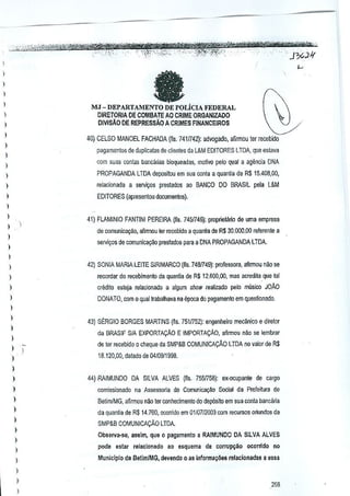 I

,
I

fa

)

)

MJ - DEPARTAl'tfENTO DE POLiCIA FEDERAL
DIRETORIA DE COMBATE AO CRIME ORGANIZADO
DIVISAO DE REPRESSAO A CRIMES FINANCEIROS

)
)

)

40) CELSa MANDEL FACHADA (lis. 741f742): adv~ado,

)

afirrnQu ter recebido

p<lgamenos de duplicalas de clientes da L&M EDITORES LTDA, que estava

)

com suas contos banca.ias bloqueadas, motive pelo qual a agenda DNA

)

)

PROPAGANDA LTDA depositou em sua conla a quanlia de R$1SA08.00,

)

relacion<lda a ser'lir;os prestados ao BANCO DO BRASIL pela L&M

)

EDITORES (apresentou documentos).

I
)

41} FLAMINIO FANTINI PEREIRA (Us. 7451746): proprieffirio de uma empresa

)

")

,

)

de comuniCilyao. afirrnou tel recebido a qUaJllia de R$ 30,000,00 refere~1e a
serviyOS de comunica9io preslados para a DNA PROPAGANDA LTDA.

)

,

42) SONIA MARIA LEITE SIRIMARCO (~s. 74aJ749): professora, alirrnou n~o se

)

recordar do recebimento da quanUa de R$ 12.800,DO,mas acredita que tal

)

credito esteja relacionado a algum show rea~zado pelo musico JOAO

)

DONATO, com 0 qual trabalhava na epoca do pagamento em qU8slionado.

,
,,
)

43) SERGIO BORGES MARTINS (fis. 751n52): engenneiro me<::ilnicoe direlor

)

de BRASIF SIA EXPORTACAo E IMPORTACAO, anrmou nM $e lembrar
de ter recebido 0 cheque da SMP&B COMUNICACAO LTOA no valor de R$

,

)

,

)

)

18.120,00, datado de 04109119gS.
44) RAIMUNDO

OA SILVA ALVES (fis. 7551758): ex·ocupante de cargo

oomissionado na Assessoria de Comunical/M Social da Prefeitura de
Betim/MG, aITrmOll Mo ter conhecimento do dep6sito em sua canto. banciiria

)

da quar.tia de R$I4.760, ooorrid{) em 0110712003 oom recursos oriul)dos de

)

SMP&B COMUNICAVAO LTDA.

)

I
)

I
I
I
)

ObselVa,se, assim, qua 0 pagamento a RAIMUNDO DA SILVA ALVES
pode estar relaclonado

ao esquema de c(lfruJ)9ao

ocorrido

no

Munidpio de BetimIMG, devendo 0 as informagoes relacionadas a essa

266

 