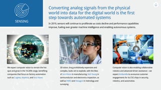 SENSING
Converting analog signals from the physical
world into data for the digital world is the first
step towards automated systems
In 2019, sensors will continue to proliferate as costs decline and performance capabilities
improve, fueling ever greater machine intelligence and enabling autonomous systems.
We expect computer vision to remain the hot
spot and grow in the 10-20% range, benefiting
companies that focus on factory automation
such as Cognex, Keyence, and Isra Vision.
3D vision, long prohibitively expensive and
complex, looks set to explode, with the likes
of Isra Vision in manufacturing, Koh Young in
semiconductor and electronics inspection, as
well as FARO and Hexagon in metrology and
surveying.
Computer vision is also enabling collaborative
robotics and advanced driver assistance – we
expect Ambarella to announce customer
engagements for its CV2 chips in security,
robotics, and automotive.
 