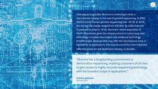 DNA sequencing leader Illumina is continuing to drive a
monumental collapse in the cost of genome sequencing. In 2003,
the first whole human genome sequencing cost ~$2.7B. In 2018,
the average lab charge ranged from $3K-$5K. By 2020, that cost
is expected to drop to ~$100. Illumina’s recent acquisition of
Pacific Biosciences gives the company access to native long-read
technology to enable new insights and additional technology
breakthroughs. Because DNA may offer the next treasure trove of
big data for AI applications, this may be one of the most important
inflection points for the healthcare industry, in decades.
“Illumina has a longstanding commitment to
democratize sequencing, enabling customers of all sizes
to gain access to highly accurate sequencing technology
with the broadest scope of applications.”
Francis deSouza
Illumina CEO
 