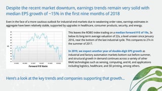 Despite the recent market downturn, earnings trends remain very solid with
median EPS growth of ~15% in the first nine months of 2018
Even in the face of a more cautious outlook for industrial end-markets due to weakening order rates, earnings estimates in
aggregate have been relatively stable, supported by upgrades in healthcare, consumer products, security, and energy.
This leaves the ROBO index trading on a median forward P/E of 19x, 3x
below its long-term average valuation of 22x, a level unseen since January
2016, near the bottom of the last industrial cycle. This compares to 27x in
the summer of 2017.
In 2019, we expect another year of double-digit EPS growth as
industrial and factory automation markets bottom out before summer,
and structural growth in demand continues across a variety of other
RAAI technologies such as sensing, computing, and AI, and applications
including logistics, healthcare, and 3D printing, among others.
Here’s a look at the key trends and companies supporting that growth...
ROBO	Global	Index	P/E	History	2016-2018	
ROBO	Global	Index	P/E	History	2016-2018	
28
27
26
25
24
23
22
21
20
19
18
17
(x)
Forward P/E Ratio
 