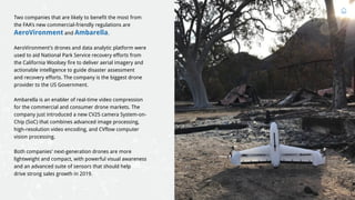 Two companies that are likely to benefit the most from
the FAA’s new commercial-friendly regulations are
AeroVironment and Ambarella.
AeroVironment’s drones and data analytic platform were
used to aid National Park Service recovery efforts from
the California Woolsey fire to deliver aerial imagery and
actionable intelligence to guide disaster assessment
and recovery efforts. The company is the biggest drone
provider to the US Government.
Ambarella is an enabler of real-time video compression
for the commercial and consumer drone markets. The
company just introduced a new CV25 camera System-on-
Chip (SoC) that combines advanced image processing,
high-resolution video encoding, and CVflow computer
vision processing.
Both companies’ next-generation drones are more
lightweight and compact, with powerful visual awareness
and an advanced suite of sensors that should help
drive strong sales growth in 2019.
 