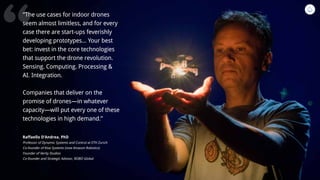 “
“The use cases for indoor drones
seem almost limitless, and for every
case there are start-ups feverishly
developing prototypes... Your best
bet: invest in the core technologies
that support the drone revolution.
Sensing. Computing. Processing &
AI. Integration.
Companies that deliver on the
promise of drones—in whatever
capacity—will put every one of these
technologies in high demand.”
Raffaello D’Andrea, PhD
Professor of Dynamic Systems and Control at ETH Zurich
Co-founder of Kiva Systems (now Amazon Robotics)
Founder of Verity Studios
Co-founder and Strategic Advisor, ROBO Global
 