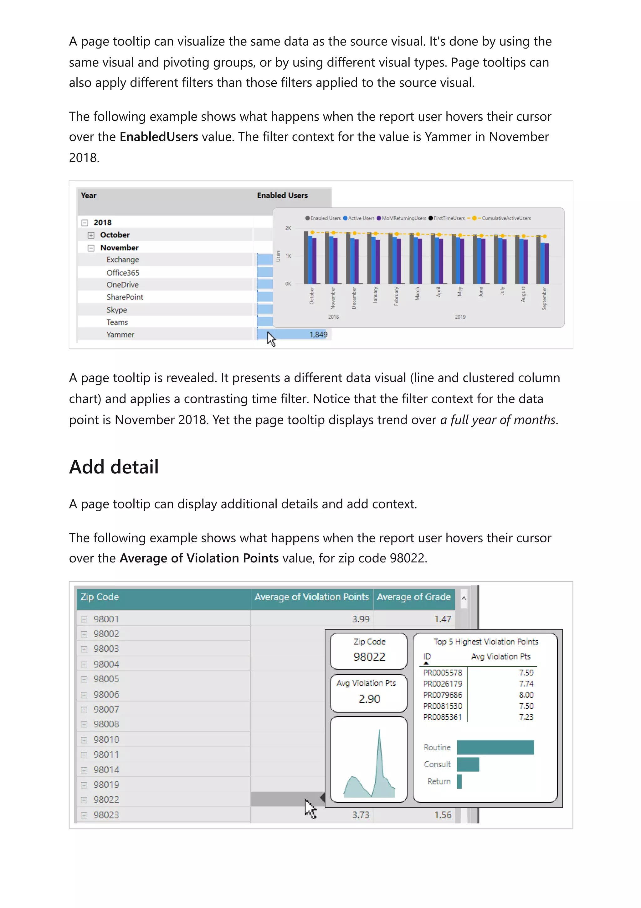 A page tooltip can visualize the same data as the source visual. It's done by using the
same visual and pivoting groups, or by using different visual types. Page tooltips can
also apply different filters than those filters applied to the source visual.
The following example shows what happens when the report user hovers their cursor
over the EnabledUsers value. The filter context for the value is Yammer in November
2018.
A page tooltip is revealed. It presents a different data visual (line and clustered column
chart) and applies a contrasting time filter. Notice that the filter context for the data
point is November 2018. Yet the page tooltip displays trend over a full year of months.
A page tooltip can display additional details and add context.
The following example shows what happens when the report user hovers their cursor
over the Average of Violation Points value, for zip code 98022.
Add detail
 