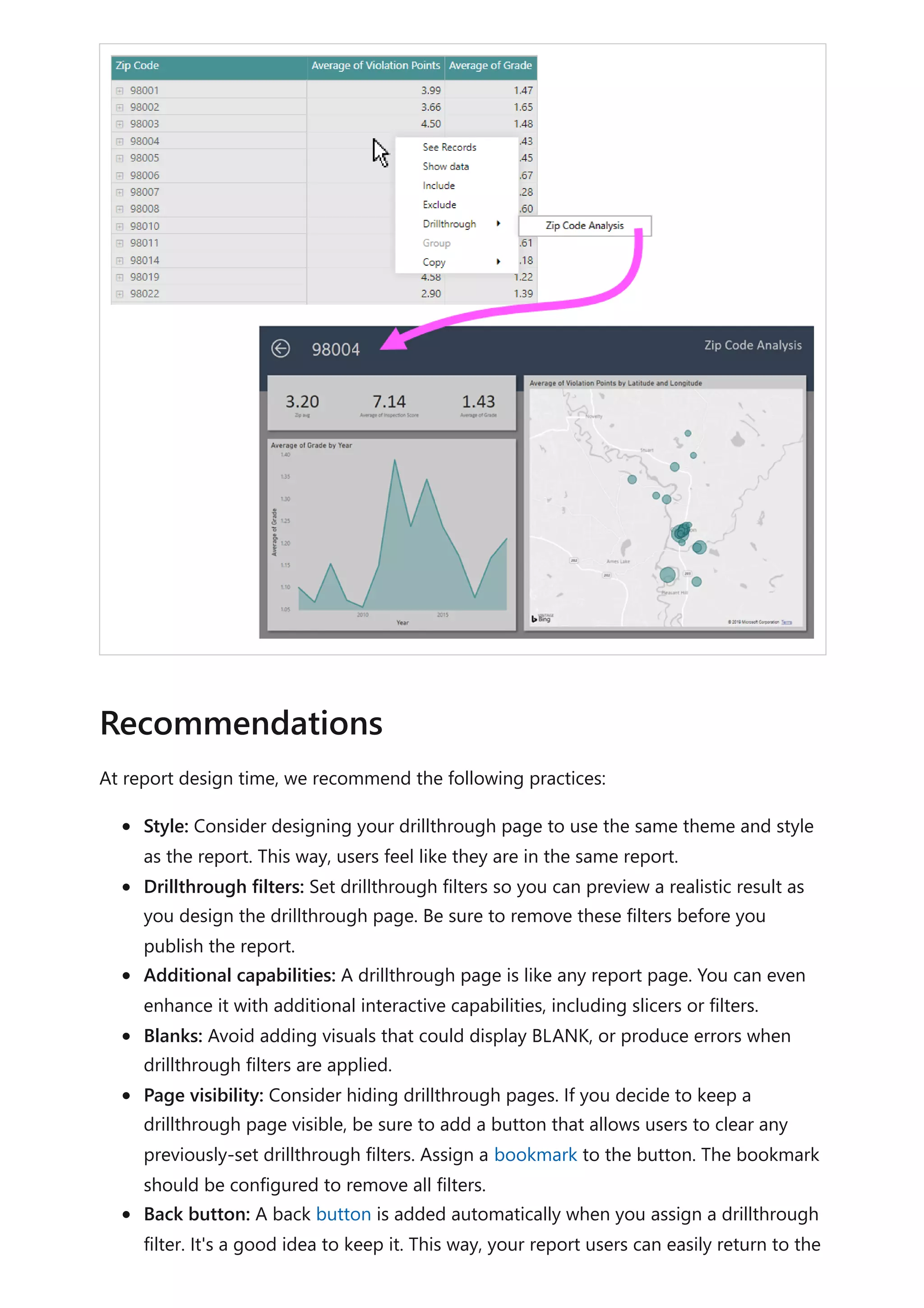 At report design time, we recommend the following practices:
Style: Consider designing your drillthrough page to use the same theme and style
as the report. This way, users feel like they are in the same report.
Drillthrough filters: Set drillthrough filters so you can preview a realistic result as
you design the drillthrough page. Be sure to remove these filters before you
publish the report.
Additional capabilities: A drillthrough page is like any report page. You can even
enhance it with additional interactive capabilities, including slicers or filters.
Blanks: Avoid adding visuals that could display BLANK, or produce errors when
drillthrough filters are applied.
Page visibility: Consider hiding drillthrough pages. If you decide to keep a
drillthrough page visible, be sure to add a button that allows users to clear any
previously-set drillthrough filters. Assign a bookmark to the button. The bookmark
should be configured to remove all filters.
Back button: A back button is added automatically when you assign a drillthrough
filter. It's a good idea to keep it. This way, your report users can easily return to the
Recommendations
 