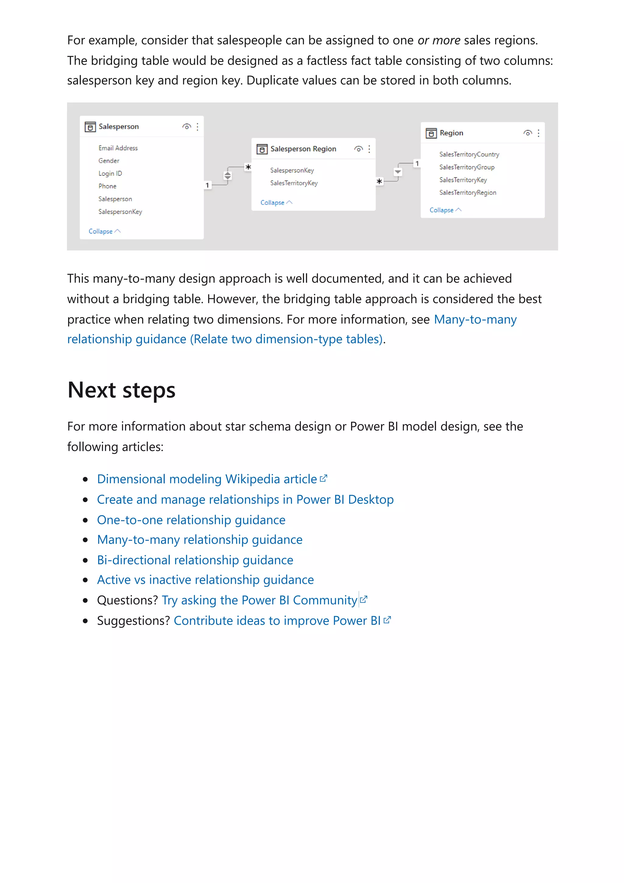 For example, consider that salespeople can be assigned to one or more sales regions.
The bridging table would be designed as a factless fact table consisting of two columns:
salesperson key and region key. Duplicate values can be stored in both columns.
This many-to-many design approach is well documented, and it can be achieved
without a bridging table. However, the bridging table approach is considered the best
practice when relating two dimensions. For more information, see Many-to-many
relationship guidance (Relate two dimension-type tables).
For more information about star schema design or Power BI model design, see the
following articles:
Dimensional modeling Wikipedia article
Create and manage relationships in Power BI Desktop
One-to-one relationship guidance
Many-to-many relationship guidance
Bi-directional relationship guidance
Active vs inactive relationship guidance
Questions? Try asking the Power BI Community
Suggestions? Contribute ideas to improve Power BI
Next steps
 