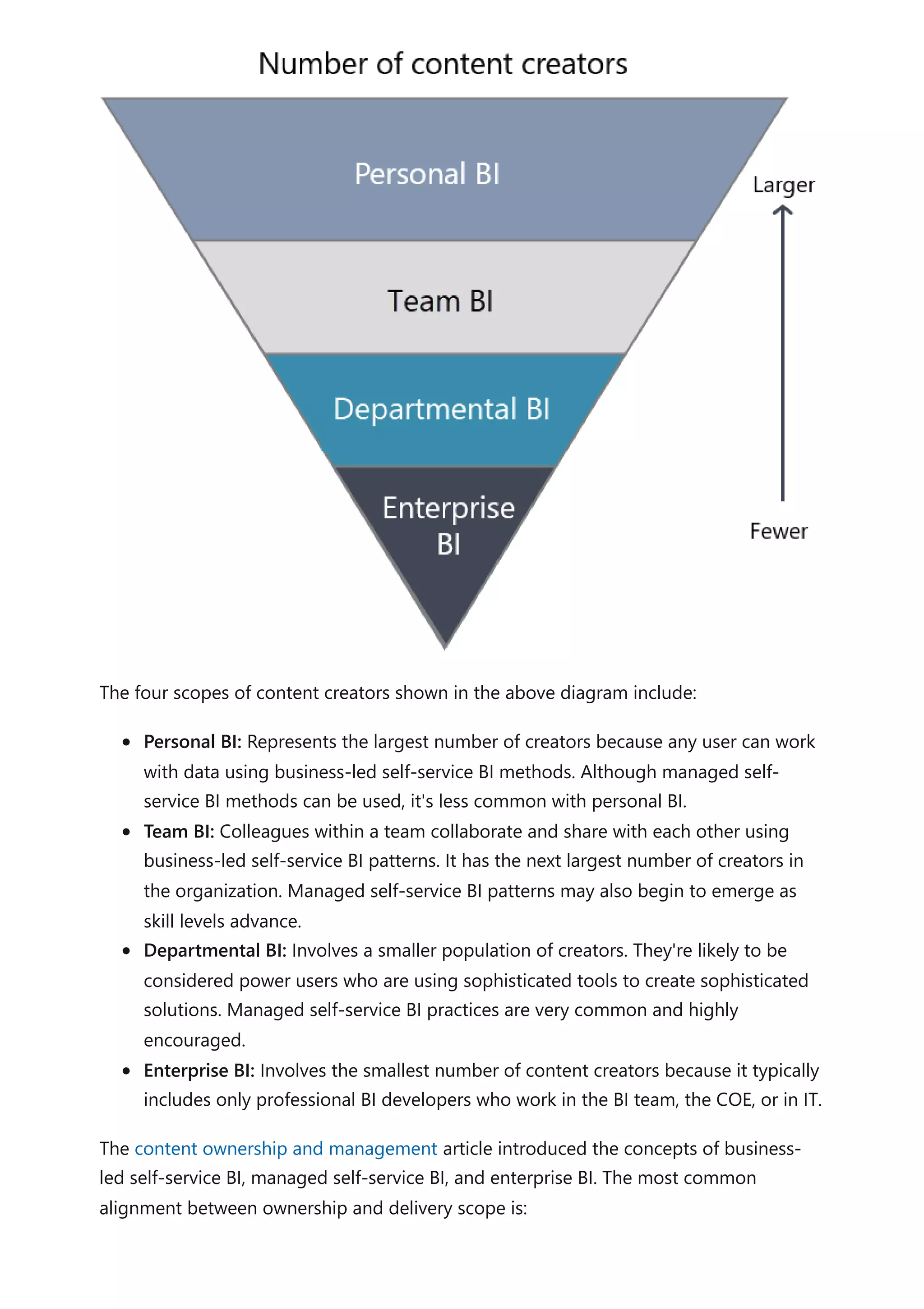 The four scopes of content creators shown in the above diagram include:
Personal BI: Represents the largest number of creators because any user can work
with data using business-led self-service BI methods. Although managed self-
service BI methods can be used, it's less common with personal BI.
Team BI: Colleagues within a team collaborate and share with each other using
business-led self-service BI patterns. It has the next largest number of creators in
the organization. Managed self-service BI patterns may also begin to emerge as
skill levels advance.
Departmental BI: Involves a smaller population of creators. They're likely to be
considered power users who are using sophisticated tools to create sophisticated
solutions. Managed self-service BI practices are very common and highly
encouraged.
Enterprise BI: Involves the smallest number of content creators because it typically
includes only professional BI developers who work in the BI team, the COE, or in IT.
The content ownership and management article introduced the concepts of business-
led self-service BI, managed self-service BI, and enterprise BI. The most common
alignment between ownership and delivery scope is:
 