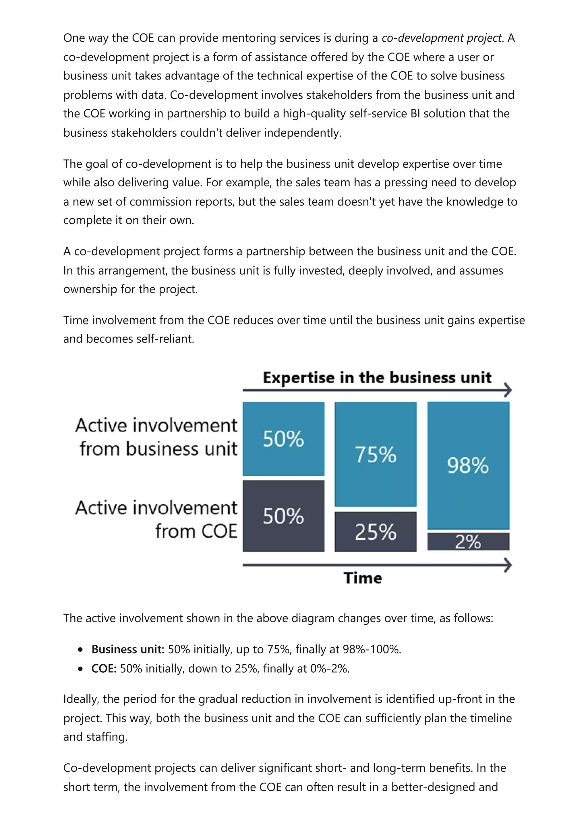 One way the COE can provide mentoring services is during a co-development project. A
co-development project is a form of assistance offered by the COE where a user or
business unit takes advantage of the technical expertise of the COE to solve business
problems with data. Co-development involves stakeholders from the business unit and
the COE working in partnership to build a high-quality self-service BI solution that the
business stakeholders couldn't deliver independently.
The goal of co-development is to help the business unit develop expertise over time
while also delivering value. For example, the sales team has a pressing need to develop
a new set of commission reports, but the sales team doesn't yet have the knowledge to
complete it on their own.
A co-development project forms a partnership between the business unit and the COE.
In this arrangement, the business unit is fully invested, deeply involved, and assumes
ownership for the project.
Time involvement from the COE reduces over time until the business unit gains expertise
and becomes self-reliant.
The active involvement shown in the above diagram changes over time, as follows:
Business unit: 50% initially, up to 75%, finally at 98%-100%.
COE: 50% initially, down to 25%, finally at 0%-2%.
Ideally, the period for the gradual reduction in involvement is identified up-front in the
project. This way, both the business unit and the COE can sufficiently plan the timeline
and staffing.
Co-development projects can deliver significant short- and long-term benefits. In the
short term, the involvement from the COE can often result in a better-designed and
 