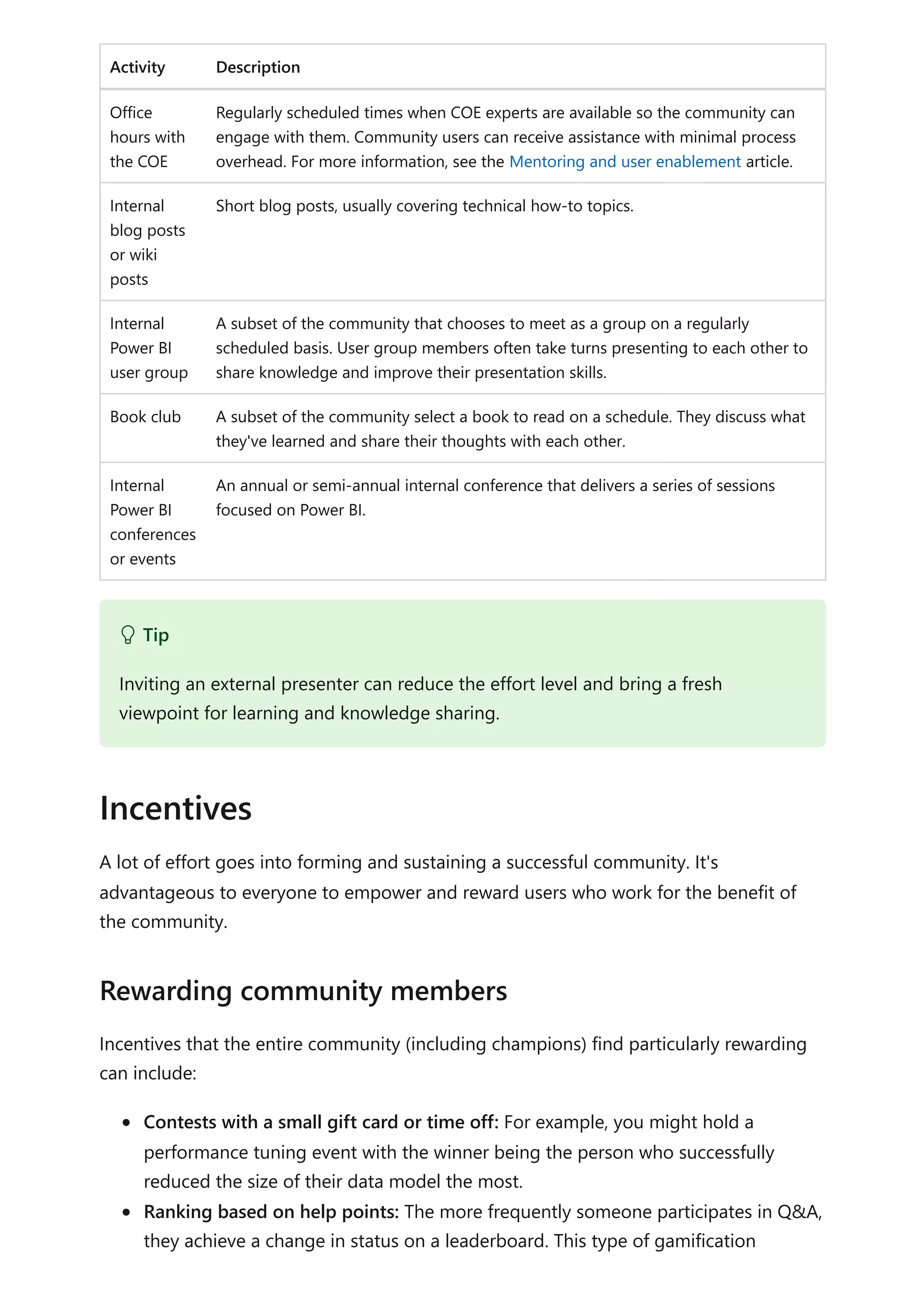 Activity Description
Office
hours with
the COE
Regularly scheduled times when COE experts are available so the community can
engage with them. Community users can receive assistance with minimal process
overhead. For more information, see the Mentoring and user enablement article.
Internal
blog posts
or wiki
posts
Short blog posts, usually covering technical how-to topics.
Internal
Power BI
user group
A subset of the community that chooses to meet as a group on a regularly
scheduled basis. User group members often take turns presenting to each other to
share knowledge and improve their presentation skills.
Book club A subset of the community select a book to read on a schedule. They discuss what
they've learned and share their thoughts with each other.
Internal
Power BI
conferences
or events
An annual or semi-annual internal conference that delivers a series of sessions
focused on Power BI.
A lot of effort goes into forming and sustaining a successful community. It's
advantageous to everyone to empower and reward users who work for the benefit of
the community.
Incentives that the entire community (including champions) find particularly rewarding
can include:
Contests with a small gift card or time off: For example, you might hold a
performance tuning event with the winner being the person who successfully
reduced the size of their data model the most.
Ranking based on help points: The more frequently someone participates in Q&A,
they achieve a change in status on a leaderboard. This type of gamification
 Tip
Inviting an external presenter can reduce the effort level and bring a fresh
viewpoint for learning and knowledge sharing.
Incentives
Rewarding community members
 