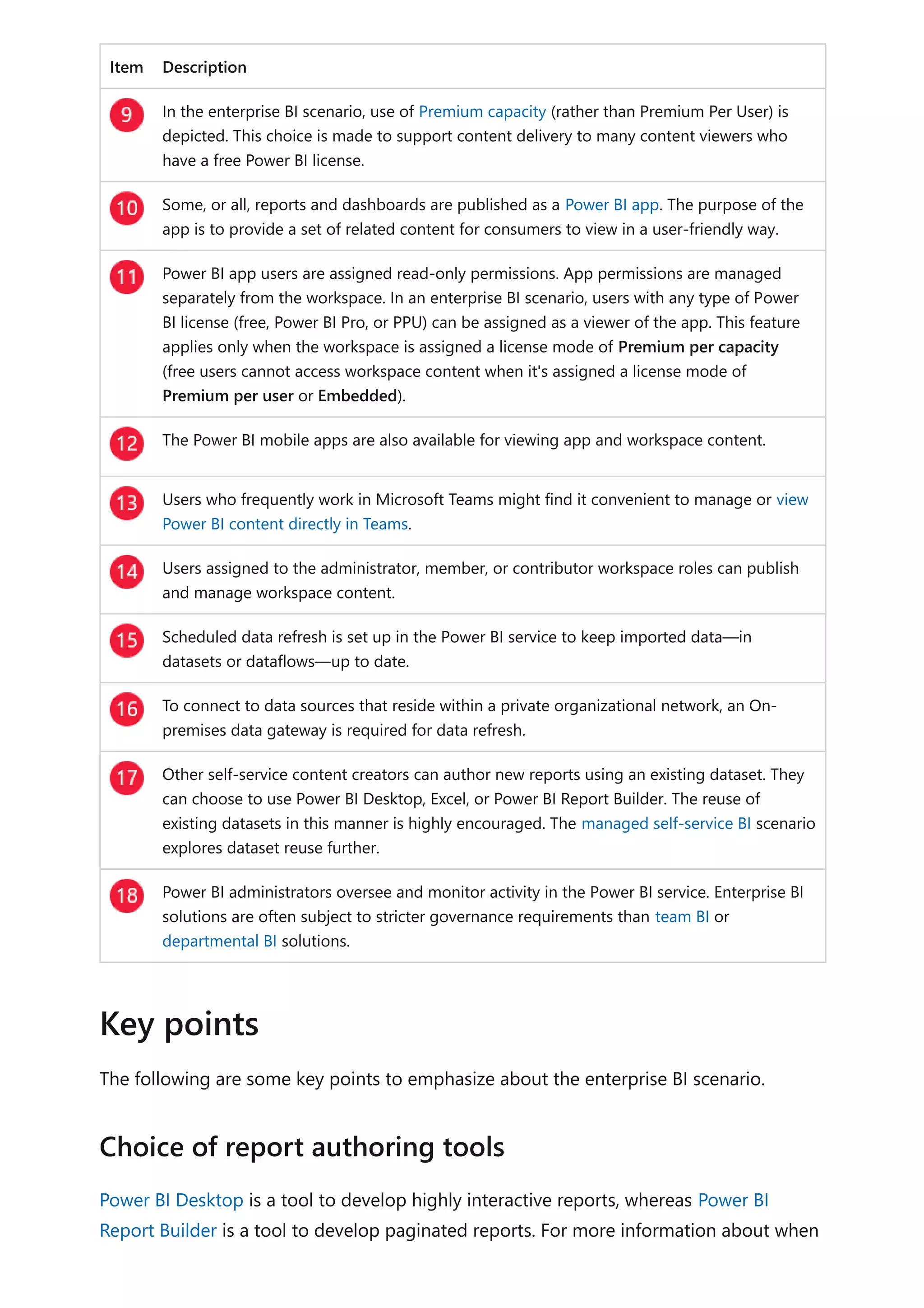 Item Description
In the enterprise BI scenario, use of Premium capacity (rather than Premium Per User) is
depicted. This choice is made to support content delivery to many content viewers who
have a free Power BI license.
Some, or all, reports and dashboards are published as a Power BI app. The purpose of the
app is to provide a set of related content for consumers to view in a user-friendly way.
Power BI app users are assigned read-only permissions. App permissions are managed
separately from the workspace. In an enterprise BI scenario, users with any type of Power
BI license (free, Power BI Pro, or PPU) can be assigned as a viewer of the app. This feature
applies only when the workspace is assigned a license mode of Premium per capacity
(free users cannot access workspace content when it's assigned a license mode of
Premium per user or Embedded).
The Power BI mobile apps are also available for viewing app and workspace content.
Users who frequently work in Microsoft Teams might find it convenient to manage or view
Power BI content directly in Teams.
Users assigned to the administrator, member, or contributor workspace roles can publish
and manage workspace content.
Scheduled data refresh is set up in the Power BI service to keep imported data—in
datasets or dataflows—up to date.
To connect to data sources that reside within a private organizational network, an On-
premises data gateway is required for data refresh.
Other self-service content creators can author new reports using an existing dataset. They
can choose to use Power BI Desktop, Excel, or Power BI Report Builder. The reuse of
existing datasets in this manner is highly encouraged. The managed self-service BI scenario
explores dataset reuse further.
Power BI administrators oversee and monitor activity in the Power BI service. Enterprise BI
solutions are often subject to stricter governance requirements than team BI or
departmental BI solutions.
The following are some key points to emphasize about the enterprise BI scenario.
Power BI Desktop is a tool to develop highly interactive reports, whereas Power BI
Report Builder is a tool to develop paginated reports. For more information about when
Key points
Choice of report authoring tools
 