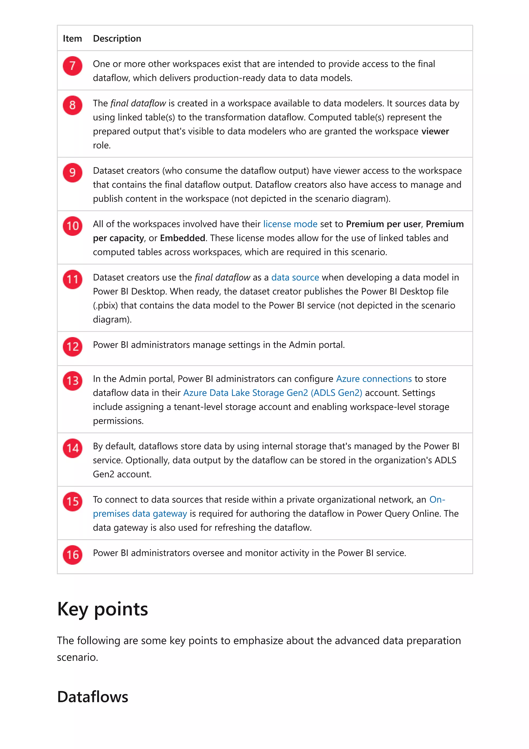 Item Description
One or more other workspaces exist that are intended to provide access to the final
dataflow, which delivers production-ready data to data models.
The final dataflow is created in a workspace available to data modelers. It sources data by
using linked table(s) to the transformation dataflow. Computed table(s) represent the
prepared output that's visible to data modelers who are granted the workspace viewer
role.
Dataset creators (who consume the dataflow output) have viewer access to the workspace
that contains the final dataflow output. Dataflow creators also have access to manage and
publish content in the workspace (not depicted in the scenario diagram).
All of the workspaces involved have their license mode set to Premium per user, Premium
per capacity, or Embedded. These license modes allow for the use of linked tables and
computed tables across workspaces, which are required in this scenario.
Dataset creators use the final dataflow as a data source when developing a data model in
Power BI Desktop. When ready, the dataset creator publishes the Power BI Desktop file
(.pbix) that contains the data model to the Power BI service (not depicted in the scenario
diagram).
Power BI administrators manage settings in the Admin portal.
In the Admin portal, Power BI administrators can configure Azure connections to store
dataflow data in their Azure Data Lake Storage Gen2 (ADLS Gen2) account. Settings
include assigning a tenant-level storage account and enabling workspace-level storage
permissions.
By default, dataflows store data by using internal storage that's managed by the Power BI
service. Optionally, data output by the dataflow can be stored in the organization's ADLS
Gen2 account.
To connect to data sources that reside within a private organizational network, an On-
premises data gateway is required for authoring the dataflow in Power Query Online. The
data gateway is also used for refreshing the dataflow.
Power BI administrators oversee and monitor activity in the Power BI service.
The following are some key points to emphasize about the advanced data preparation
scenario.
Key points
Dataflows
 