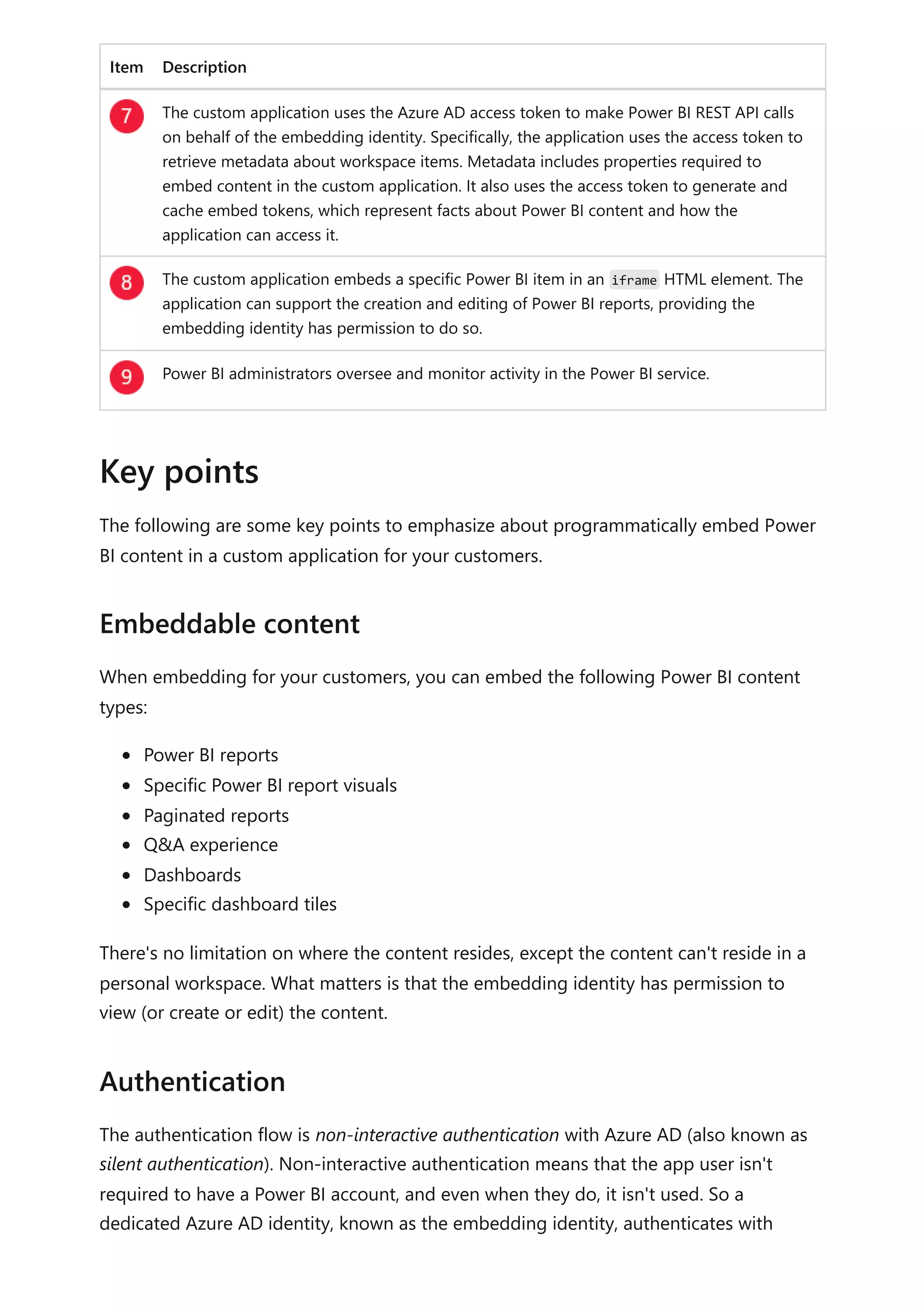 Item Description
The custom application uses the Azure AD access token to make Power BI REST API calls
on behalf of the embedding identity. Specifically, the application uses the access token to
retrieve metadata about workspace items. Metadata includes properties required to
embed content in the custom application. It also uses the access token to generate and
cache embed tokens, which represent facts about Power BI content and how the
application can access it.
The custom application embeds a specific Power BI item in an iframe HTML element. The
application can support the creation and editing of Power BI reports, providing the
embedding identity has permission to do so.
Power BI administrators oversee and monitor activity in the Power BI service.
The following are some key points to emphasize about programmatically embed Power
BI content in a custom application for your customers.
When embedding for your customers, you can embed the following Power BI content
types:
Power BI reports
Specific Power BI report visuals
Paginated reports
Q&A experience
Dashboards
Specific dashboard tiles
There's no limitation on where the content resides, except the content can't reside in a
personal workspace. What matters is that the embedding identity has permission to
view (or create or edit) the content.
The authentication flow is non-interactive authentication with Azure AD (also known as
silent authentication). Non-interactive authentication means that the app user isn't
required to have a Power BI account, and even when they do, it isn't used. So a
dedicated Azure AD identity, known as the embedding identity, authenticates with
Key points
Embeddable content
Authentication
 