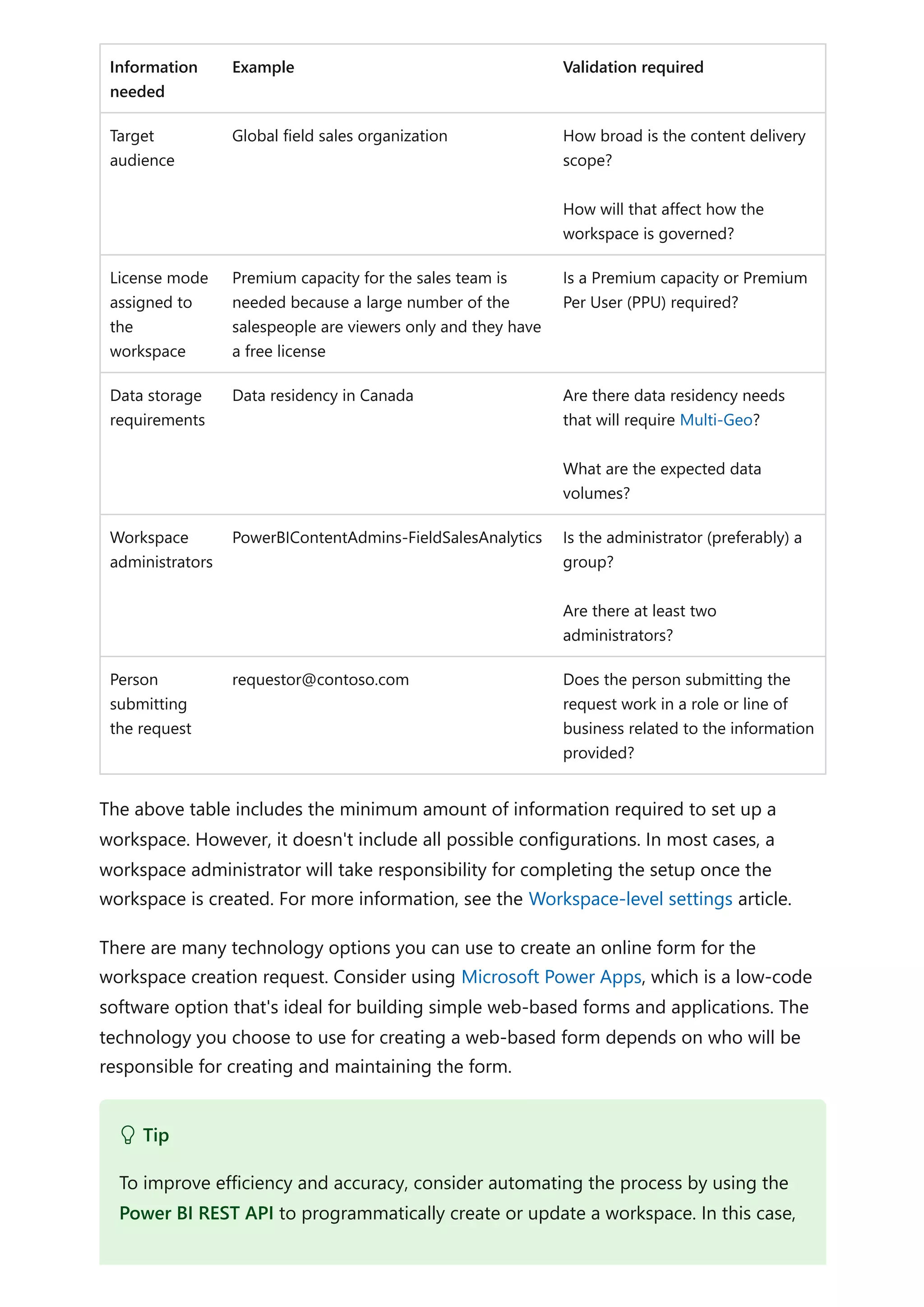 Information
needed
Example Validation required
Target
audience
Global field sales organization How broad is the content delivery
scope?
How will that affect how the
workspace is governed?
License mode
assigned to
the
workspace
Premium capacity for the sales team is
needed because a large number of the
salespeople are viewers only and they have
a free license
Is a Premium capacity or Premium
Per User (PPU) required?
Data storage
requirements
Data residency in Canada Are there data residency needs
that will require Multi-Geo?
What are the expected data
volumes?
Workspace
administrators
PowerBIContentAdmins-FieldSalesAnalytics Is the administrator (preferably) a
group?
Are there at least two
administrators?
Person
submitting
the request
requestor@contoso.com Does the person submitting the
request work in a role or line of
business related to the information
provided?
The above table includes the minimum amount of information required to set up a
workspace. However, it doesn't include all possible configurations. In most cases, a
workspace administrator will take responsibility for completing the setup once the
workspace is created. For more information, see the Workspace-level settings article.
There are many technology options you can use to create an online form for the
workspace creation request. Consider using Microsoft Power Apps, which is a low-code
software option that's ideal for building simple web-based forms and applications. The
technology you choose to use for creating a web-based form depends on who will be
responsible for creating and maintaining the form.
 Tip
To improve efficiency and accuracy, consider automating the process by using the
Power BI REST API to programmatically create or update a workspace. In this case,
 