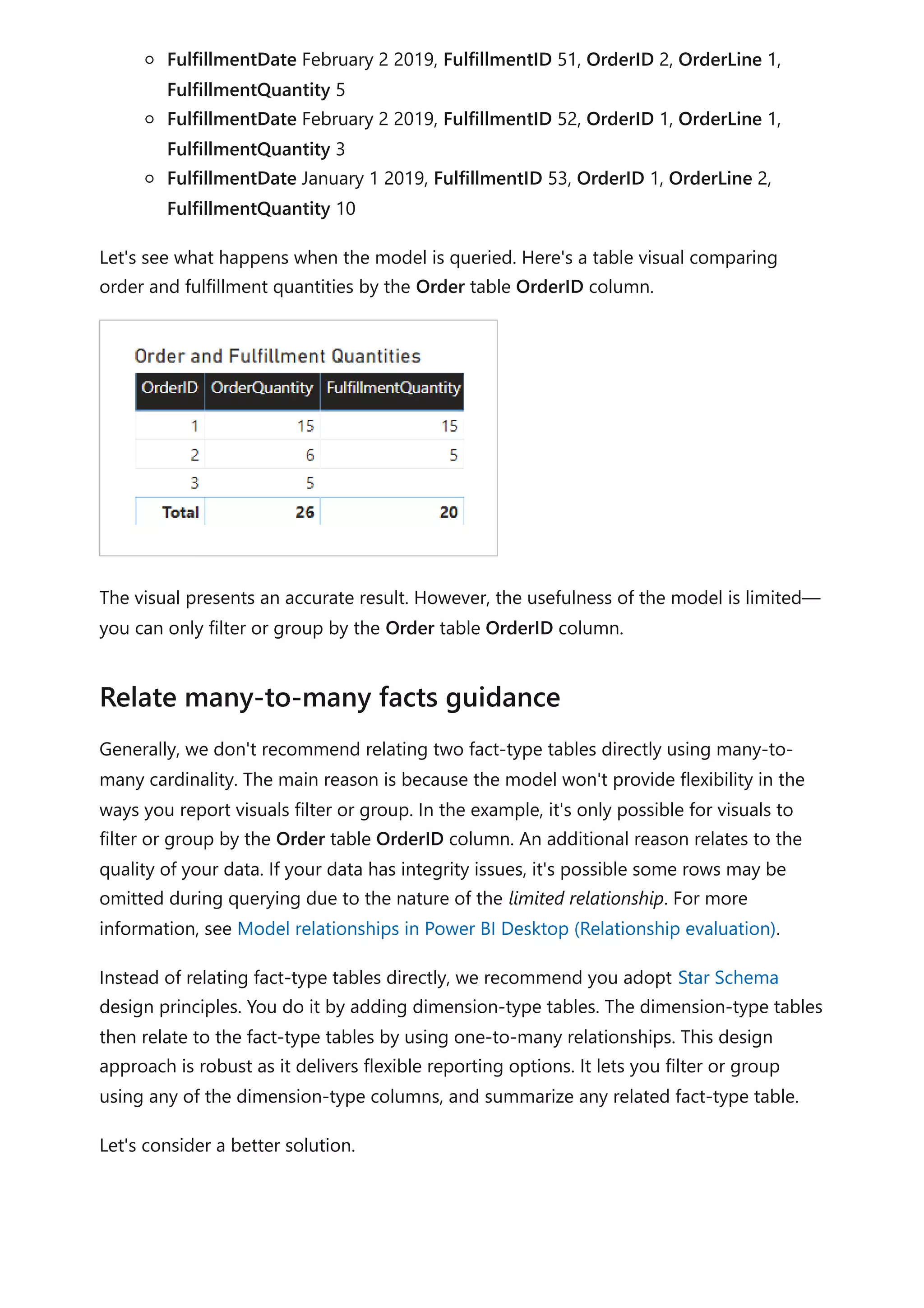 FulfillmentDate February 2 2019, FulfillmentID 51, OrderID 2, OrderLine 1,
FulfillmentQuantity 5
FulfillmentDate February 2 2019, FulfillmentID 52, OrderID 1, OrderLine 1,
FulfillmentQuantity 3
FulfillmentDate January 1 2019, FulfillmentID 53, OrderID 1, OrderLine 2,
FulfillmentQuantity 10
Let's see what happens when the model is queried. Here's a table visual comparing
order and fulfillment quantities by the Order table OrderID column.
The visual presents an accurate result. However, the usefulness of the model is limited—
you can only filter or group by the Order table OrderID column.
Generally, we don't recommend relating two fact-type tables directly using many-to-
many cardinality. The main reason is because the model won't provide flexibility in the
ways you report visuals filter or group. In the example, it's only possible for visuals to
filter or group by the Order table OrderID column. An additional reason relates to the
quality of your data. If your data has integrity issues, it's possible some rows may be
omitted during querying due to the nature of the limited relationship. For more
information, see Model relationships in Power BI Desktop (Relationship evaluation).
Instead of relating fact-type tables directly, we recommend you adopt Star Schema
design principles. You do it by adding dimension-type tables. The dimension-type tables
then relate to the fact-type tables by using one-to-many relationships. This design
approach is robust as it delivers flexible reporting options. It lets you filter or group
using any of the dimension-type columns, and summarize any related fact-type table.
Let's consider a better solution.
Relate many-to-many facts guidance
 