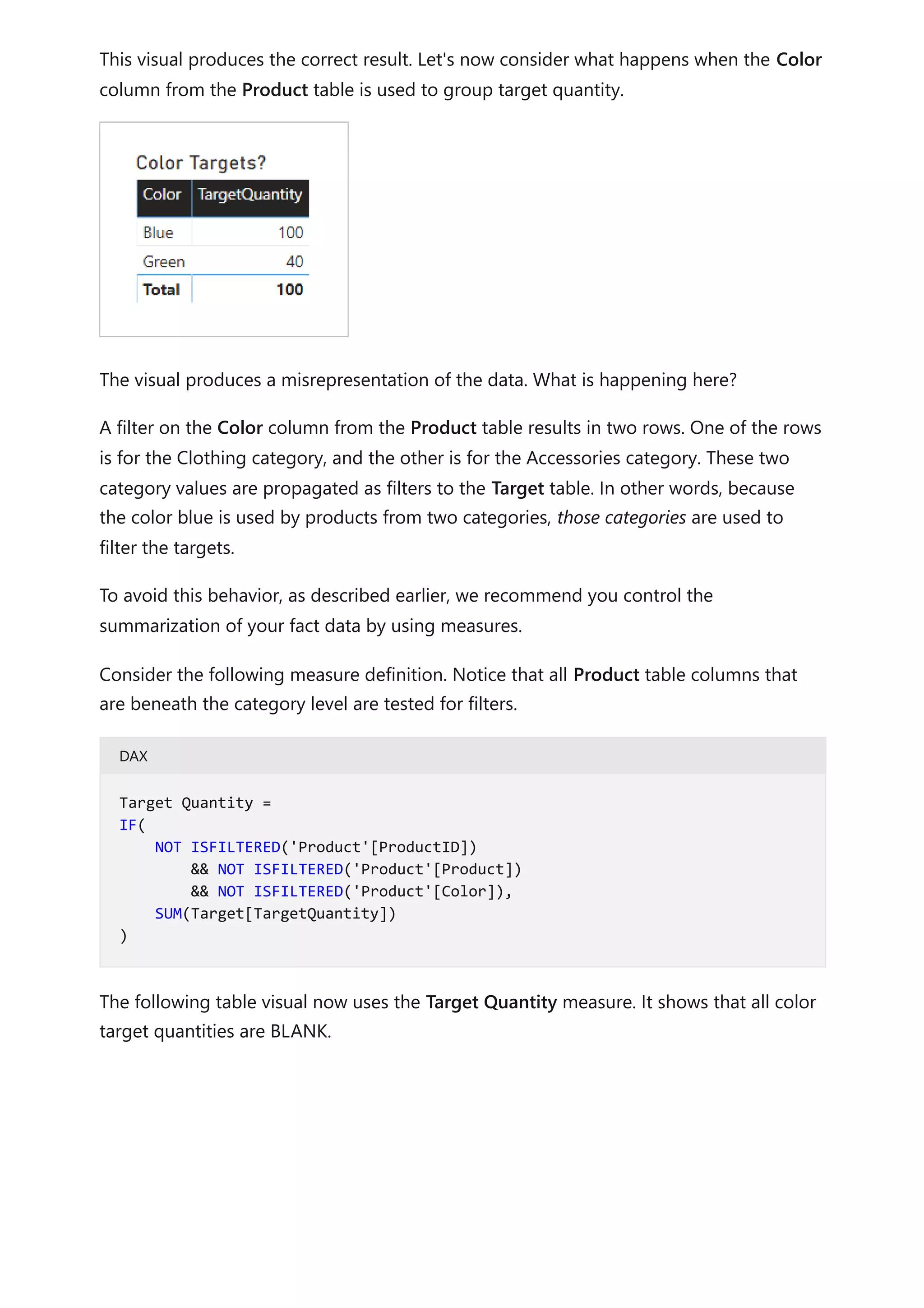 This visual produces the correct result. Let's now consider what happens when the Color
column from the Product table is used to group target quantity.
The visual produces a misrepresentation of the data. What is happening here?
A filter on the Color column from the Product table results in two rows. One of the rows
is for the Clothing category, and the other is for the Accessories category. These two
category values are propagated as filters to the Target table. In other words, because
the color blue is used by products from two categories, those categories are used to
filter the targets.
To avoid this behavior, as described earlier, we recommend you control the
summarization of your fact data by using measures.
Consider the following measure definition. Notice that all Product table columns that
are beneath the category level are tested for filters.
DAX
The following table visual now uses the Target Quantity measure. It shows that all color
target quantities are BLANK.
Target Quantity =
IF(
NOT ISFILTERED('Product'[ProductID])
&& NOT ISFILTERED('Product'[Product])
&& NOT ISFILTERED('Product'[Color]),
SUM(Target[TargetQuantity])
)
 