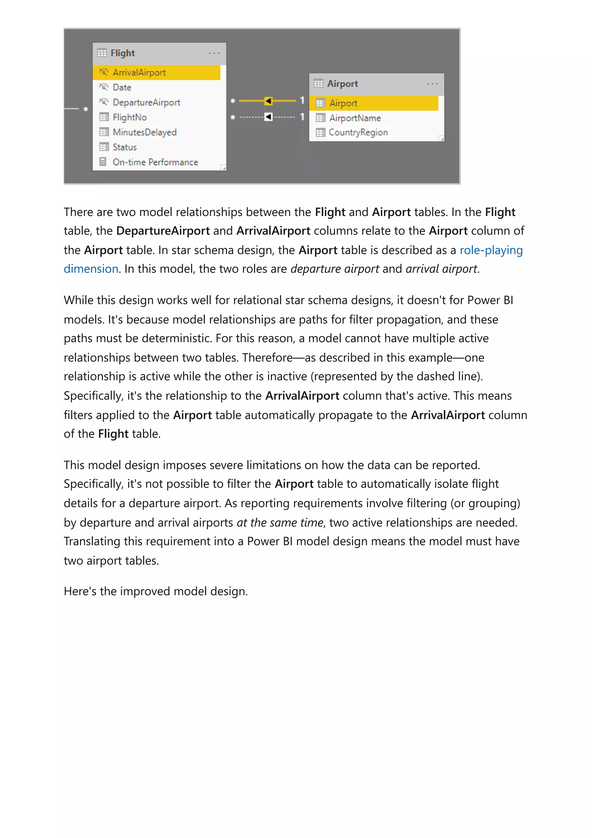 There are two model relationships between the Flight and Airport tables. In the Flight
table, the DepartureAirport and ArrivalAirport columns relate to the Airport column of
the Airport table. In star schema design, the Airport table is described as a role-playing
dimension. In this model, the two roles are departure airport and arrival airport.
While this design works well for relational star schema designs, it doesn't for Power BI
models. It's because model relationships are paths for filter propagation, and these
paths must be deterministic. For this reason, a model cannot have multiple active
relationships between two tables. Therefore—as described in this example—one
relationship is active while the other is inactive (represented by the dashed line).
Specifically, it's the relationship to the ArrivalAirport column that's active. This means
filters applied to the Airport table automatically propagate to the ArrivalAirport column
of the Flight table.
This model design imposes severe limitations on how the data can be reported.
Specifically, it's not possible to filter the Airport table to automatically isolate flight
details for a departure airport. As reporting requirements involve filtering (or grouping)
by departure and arrival airports at the same time, two active relationships are needed.
Translating this requirement into a Power BI model design means the model must have
two airport tables.
Here's the improved model design.
 