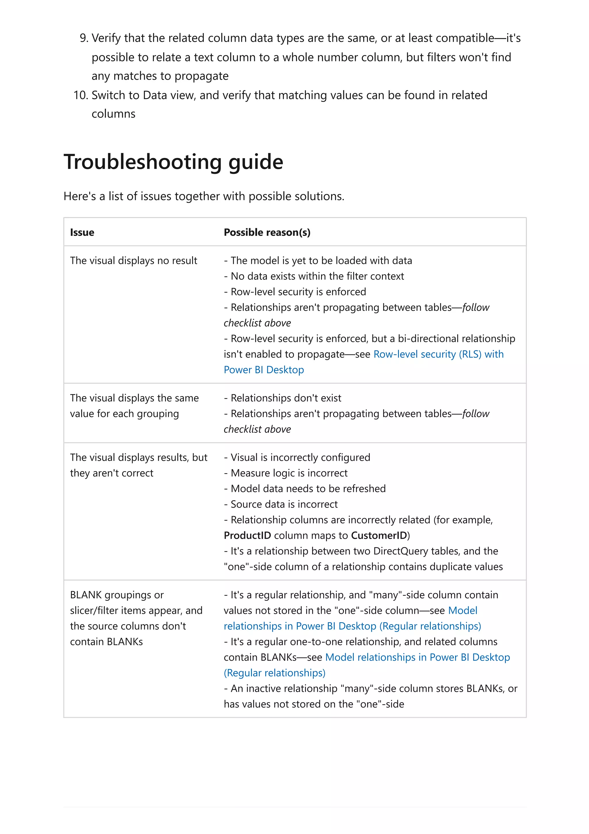 9. Verify that the related column data types are the same, or at least compatible—it's
possible to relate a text column to a whole number column, but filters won't find
any matches to propagate
10. Switch to Data view, and verify that matching values can be found in related
columns
Here's a list of issues together with possible solutions.
Issue Possible reason(s)
The visual displays no result - The model is yet to be loaded with data
- No data exists within the filter context
- Row-level security is enforced
- Relationships aren't propagating between tables—follow
checklist above
- Row-level security is enforced, but a bi-directional relationship
isn't enabled to propagate—see Row-level security (RLS) with
Power BI Desktop
The visual displays the same
value for each grouping
- Relationships don't exist
- Relationships aren't propagating between tables—follow
checklist above
The visual displays results, but
they aren't correct
- Visual is incorrectly configured
- Measure logic is incorrect
- Model data needs to be refreshed
- Source data is incorrect
- Relationship columns are incorrectly related (for example,
ProductID column maps to CustomerID)
- It's a relationship between two DirectQuery tables, and the
"one"-side column of a relationship contains duplicate values
BLANK groupings or
slicer/filter items appear, and
the source columns don't
contain BLANKs
- It's a regular relationship, and "many"-side column contain
values not stored in the "one"-side column—see Model
relationships in Power BI Desktop (Regular relationships)
- It's a regular one-to-one relationship, and related columns
contain BLANKs—see Model relationships in Power BI Desktop
(Regular relationships)
- An inactive relationship "many"-side column stores BLANKs, or
has values not stored on the "one"-side
Troubleshooting guide
 