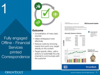 OpenText Confidential. ©2016 All Rights Reserved. 19
1
Fully engaged
Offline - Financial
Services
printed
Correspondence
O...