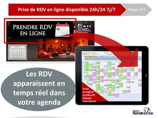 De l’agenda papier à l’agenda EspaceRDV
    Prise de RDV en ligne disponible 24h/24 7j/7   Etape 3/5




    Les RDV
 apparaissent en                     Accès

 temps réel dans                     au logiciel
                                     via Mac/PC
                                     Tablette

  votre agenda                       Smartphone
 