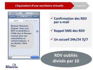 De l’agenda papier à l’agenda EspaceRDV
        L’équivalent d’une secrétaire virtuelle           Etape 4/5




                                           Confirmation des RDV
                                            par e-mail
    Bonjour Monsieur
    Dupont. Vous avez
    RDV le 26/10/2012 à                    Rappel SMS des RDV
    17h00 chez le Docteur
    Laurent pour une
    consultation au
    cabinet médical – 3                    Un accueil 24h/24 7j/7
    rue Berlioz 75016
    Paris



                                            RDV oubliés
                                           divisés par 10
 