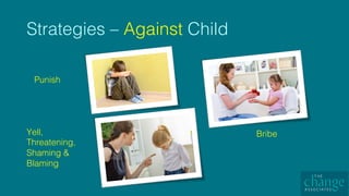 Strategies – Against Child!
Yell,
Threatening,
Shaming &
Blaming!
Punish!
Bribe!
 