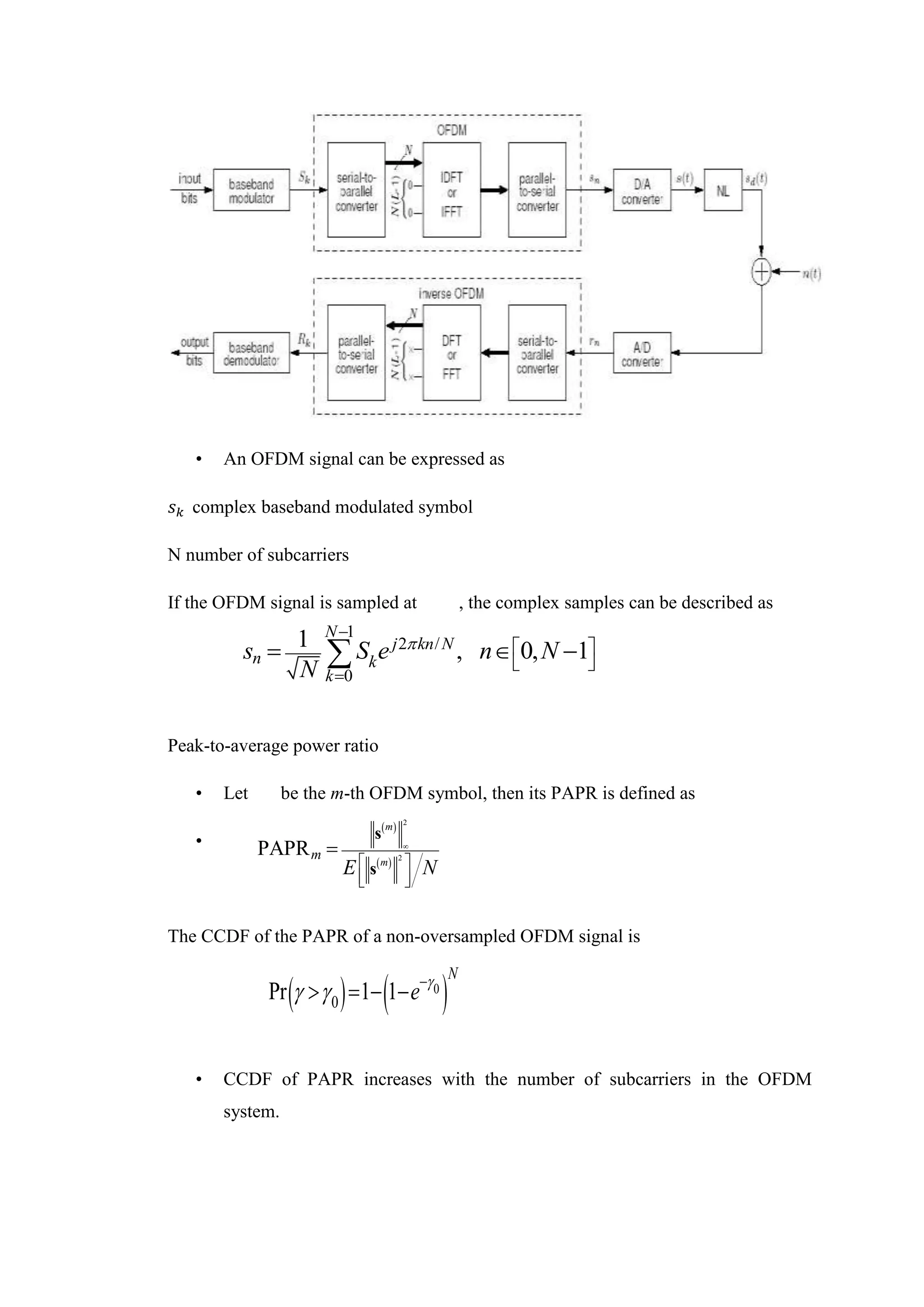 • An OFDM signal can be expressed as
𝑠𝑘 complex baseband modulated symbol
N number of subcarriers
If the OFDM signal is sampled at , the complex samples can be described as
Peak-to-average power ratio
• Let be the m-th OFDM symbol, then its PAPR is defined as
•
The CCDF of the PAPR of a non-oversampled OFDM signal is
• CCDF of PAPR increases with the number of subcarriers in the OFDM
system.
1
2 /
0
1 , 0, 1
N
j kn N
n k
k
s S e n N
N



 
 
  

 
 
2
2
PAPR
m
m
m
E N

 
 
 

s
s
   
0
0
Pr 1 1
N
e 
  
   
 
