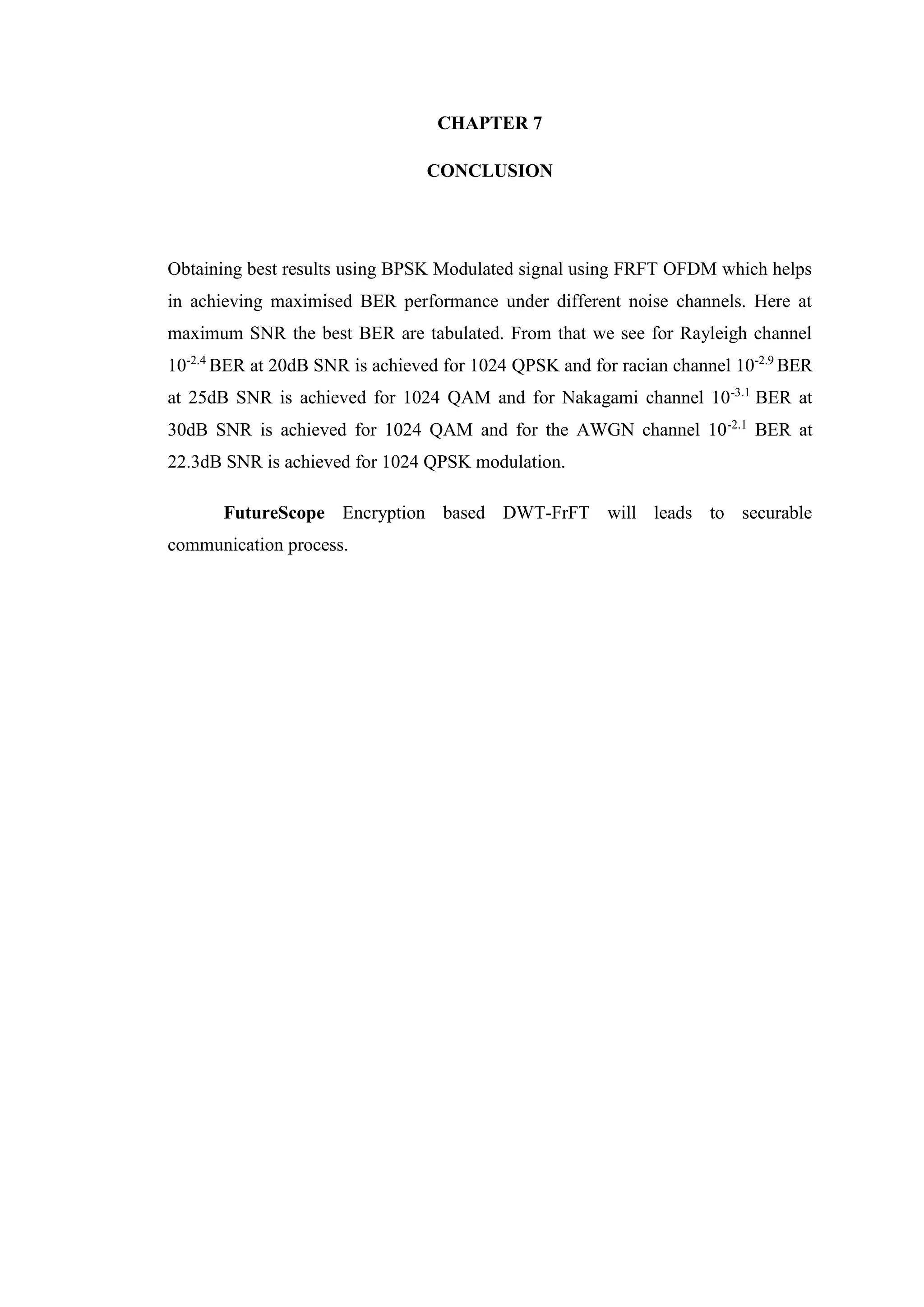 CHAPTER 7
CONCLUSION
Obtaining best results using BPSK Modulated signal using FRFT OFDM which helps
in achieving maximised BER performance under different noise channels. Here at
maximum SNR the best BER are tabulated. From that we see for Rayleigh channel
10-2.4
BER at 20dB SNR is achieved for 1024 QPSK and for racian channel 10-2.9
BER
at 25dB SNR is achieved for 1024 QAM and for Nakagami channel 10-3.1
BER at
30dB SNR is achieved for 1024 QAM and for the AWGN channel 10-2.1
BER at
22.3dB SNR is achieved for 1024 QPSK modulation.
FutureScope Encryption based DWT-FrFT will leads to securable
communication process.
 