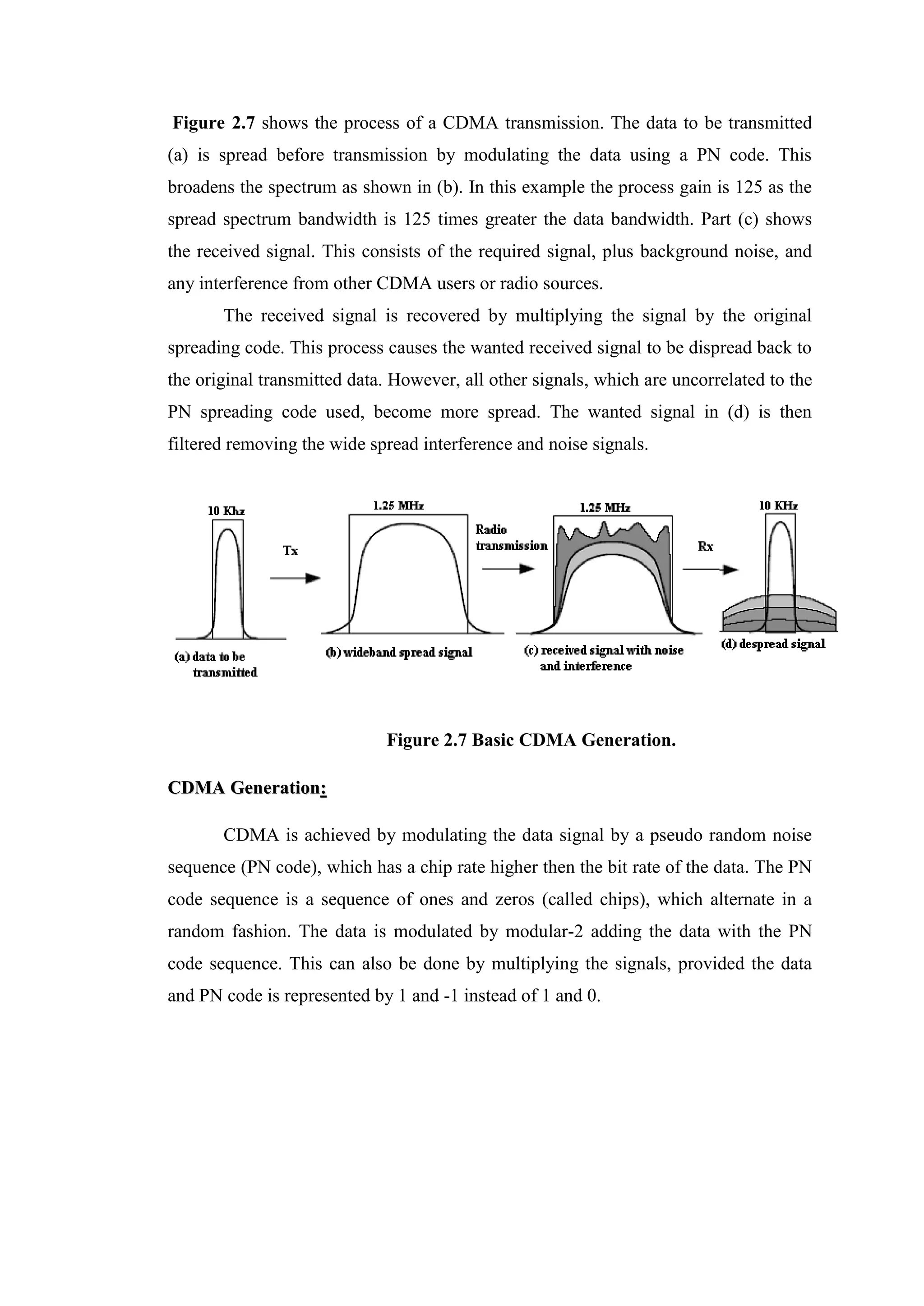 Figure 2.7 shows the process of a CDMA transmission. The data to be transmitted
(a) is spread before transmission by modulating the data using a PN code. This
broadens the spectrum as shown in (b). In this example the process gain is 125 as the
spread spectrum bandwidth is 125 times greater the data bandwidth. Part (c) shows
the received signal. This consists of the required signal, plus background noise, and
any interference from other CDMA users or radio sources.
The received signal is recovered by multiplying the signal by the original
spreading code. This process causes the wanted received signal to be dispread back to
the original transmitted data. However, all other signals, which are uncorrelated to the
PN spreading code used, become more spread. The wanted signal in (d) is then
filtered removing the wide spread interference and noise signals.
Figure 2.7 Basic CDMA Generation.
C
CD
DM
MA
A G
Ge
en
ne
er
ra
at
ti
io
on
n:
:
CDMA is achieved by modulating the data signal by a pseudo random noise
sequence (PN code), which has a chip rate higher then the bit rate of the data. The PN
code sequence is a sequence of ones and zeros (called chips), which alternate in a
random fashion. The data is modulated by modular-2 adding the data with the PN
code sequence. This can also be done by multiplying the signals, provided the data
and PN code is represented by 1 and -1 instead of 1 and 0.
 