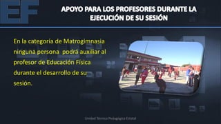 En la categoría de Matrogimnasia
ninguna persona podrá auxiliar al
profesor de Educación Física
durante el desarrollo de su
sesión.




                          Unidad Técnico Pedagógica Estatal
 