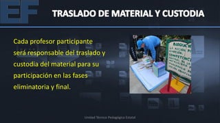 Cada profesor participante
será responsable del traslado y
custodia del material para su
participación en las fases
eliminatoria y final.



                        Unidad Técnico Pedagógica Estatal
 