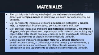 • Si el participante indica que trabajará con x número de materiales
  didácticos y emplea menos se disminuye un punto por cada material no
  utilizado.
• Si el participante indica que utilizará x número de materiales y emplea
  más, se le penalizará con un punto por cada material utilizado.
• Si el profesor indica que trabajará con materiales didácticos y no emplea
  ninguno, se le penalizará con un punto por cada material que indicó y aquí
  el juez debe estar atento con los elementos de los aspectos de calificación
  ya que seguramente se alteran los contenidos de la sesión.
• Si dice que no trabajará con ningún material y emplea alguno se le
  penaliza con un punto, si utiliza dos, con dos puntos y sucesivamente, y
  aquí el juez debe estar atento con los elementos de los aspectos de
  calificación ya que seguramente se alteran los contenidos de la sesión.
                            Unidad Técnico Pedagógica Estatal
 