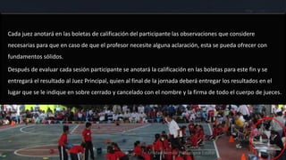 Cada juez anotará en las boletas de calificación del participante las observaciones que considere
necesarias para que en caso de que el profesor necesite alguna aclaración, esta se pueda ofrecer con
fundamentos sólidos.

Después de evaluar cada sesión participante se anotará la calificación en las boletas para este fin y se
entregará el resultado al Juez Principal, quien al final de la jornada deberá entregar los resultados en el
lugar que se le indique en sobre cerrado y cancelado con el nombre y la firma de todo el cuerpo de jueces.




                                                        Unidad Técnico Pedagógica Estatal
 