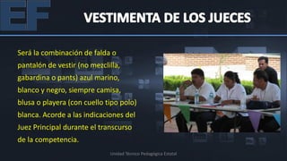 Será la combinación de falda o
pantalón de vestir (no mezclilla,
gabardina o pants) azul marino,
blanco y negro, siempre camisa,
blusa o playera (con cuello tipo polo)
blanca. Acorde a las indicaciones del
Juez Principal durante el transcurso
de la competencia.
                             Unidad Técnico Pedagógica Estatal
 