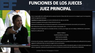 Será el responsable de la calificación de las sesiones durante el desarrollo del concurso en la categoría que le corresponde y
tendrá las siguientes funciones:
Coordinará al cuerpo de jueces, así como la distribución de cada uno de ellos.
Proveerá la papelería técnica para el desarrollo del concurso.
Autorizará los llamados para el tiempo de preparación y acercamiento del docente concursante con los alumnos.
Dará indicaciones para el inicio y el final de la sesión al Juez Auxiliar “B”.
Entregará al Comité Organizador los resultados del día, a la hora y en el lugar que se le indique, debidamente requisitados.
Realizará la calificación de:
                                                          MARCO TEÓRICO
                                                   PLANIFICACIÓN DE LA SESIÓN.
                                                      PRÁCTICA DE LA SESIÓN
                                                      DIDÁCTICA DE LA SESIÓN
Al término de la jornada, compilará auxiliado por los demás jueces los resultados de las boletas de calificación de los jueces;
asignará la calificación final, así como los lugares de los concursantes.
Exclusivamente, en caso de empate de uno o varios concursantes, tendrá la facultad de aplicar el criterio de desempate para
obtener al ganador y plasmará las penalizaciones en la Cédula de concentración de calificaciones individuales.


           Unidad Técnico Pedagógica Estatal
 