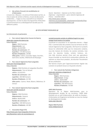 Petit‐déjeuner / débat  «Comment concilier espaces naturels et développement économique ?                   Mardi 26 mars 2013 


             des actions d’accueil, de sensibilisation et                   
              d’information                                                 Source : Questions – réponses sur les Parcs naturels 
    à travers les « Maisons » et centres d’information du Parc, la          régionaux – argumentaire – parcs naturels régionaux de 
    mise en place de sentiers à thèmes, circuits de découverte,             France ‐  novembre 2012 
    randonnées… ; l’appui au tissu associatif et aux initiatives            http://www.parcs‐naturels‐
    écocitoyennes ; la mise en place de programmes d’éducation              regionaux.tm.fr/upload/doc_telechargement/grandes/Argu
    à l’environnement et au développement durable pour les                  mentaire%20MAJV1%20NOV%2012.pdf 
    différents publics 
     
 
                                                    @ SITES INTERNET RESSOURCES @ 
     
    Les intervenants et partenaires 
     
          Parc naturel régional des Causses du Quercy                      sociale/economie‐sociale‐et‐solidaire/regal‐d‐oc‐pour‐
    www.parc‐causses‐du‐quercy.org                                          manger‐local‐meme‐a‐la‐cantine 
    Fiche d'identité                                                        Constituée  en  association  le  14  septembre  dernier,  «  Régal 
             Région : Midi‐Pyrénées                                         d’Oc » commercialise des produits issus du territoire du Parc 
             Départements : Lot                                             naturel régional du Haut Languedoc. Elle fournit en produits 
             Créé le : 01/10/1999  
                                                                            locaux  les  collectivités  telles  que  les  restaurants  scolaires, 
             Nombre de communes : 97  
                                                                            ceux  des  maisons  de  retraites,  les  cuisines  centrales,  mais 
             Superficie : 175 000 hectares  
             Nombre d'habitants : 28 000                                    aussi  les  épiceries  locales,  certains  traiteurs,  etc. 
             Villes porte : Cahors, Caussade, Figeac, Gourdon,              Une  telle  structure  permet  d’une  part  aux  agriculteurs 
             Saint‐Céré, Souillac, Villefranche de Rouergue                 locaux d'accéder au marché de la restauration collective, de 
                                                                            valoriser au mieux leurs produits ; de sécuriser l’écoulement 
          Parc naturel régional du Haut Languedoc                          de leur production. 
    www.parc‐haut‐languedoc.fr                                              Elle  favorise  d’autre  part  l’approvisionnement  régulier  des 
    Fiche d'identité                                                        cuisiniers en produits locaux sur de grands volumes. 
             Régions : Midi‐Pyrénées et Languedoc‐Rousillon                  
             Départements : Tarn et Hérault                                        Parc naturel des Pyrénées Ariégeoises 
             créé le : 22/10/1973                                           www.parc‐pyrenees‐ariegeoises.fr 
             Nombre de communes : 109                                       Fiche d'identité 
                                                                                      Région : Midi‐Pyrénées 
             superficie : 284 900 hectares  
                                                                                      Département : Ariège 
             Nombre d'habitants : 65 700                                              créé le : 28/05/2009  
             Villes porte : Castres, Revel, Béziers, Bédarieux, St‐                   Nombre de communes : 142  
             Chinian                                                                  superficie : 246 500 hectares  
                                                                                      Nombre d'habitants : 43 500  
         Parc naturel régional du Haut Languedoc                            
    www.parc‐grands‐causses.fr                                              ARPE Midi‐Pyrénées 
    Fiche d'identité                                                        Opérateur  de  la  Région  Midi‐Pyrénées  pour  le 
                                                                            développement  durable  de  ses  territoires,  l'ARPE  Midi‐
             Régions : Midi‐Pyrénées 
                                                                            Pyrénées  est  un  outil  d'observation,  de  veille  et  d'analyse  ; 
             Départements : Aveyron 
                                                                            d'information et d'ingénierie territoriale sur tous les champs 
             Créé le : 06/05/1995                                           du développement durable. 
             Nombre de communes : 97                                        www.arpe‐mip.com  
             Superficie : 328 500 hectares                                   
             Nombre d'habitants : 68 300                                    Région Midi‐Pyrénées 
                                                                            www.midipyrenees.fr  
                                                                             
         Association Regal d’Oc  
                                                                              
    http://www.parc‐haut‐languedoc.fr/vivre‐le‐
    parc/dynamiser‐notre‐vie‐economique‐et‐
     
     
     



                                      Document Repères ‐ consultable sur : www.petitsdejeuners.arpe‐mip.com/ 
 