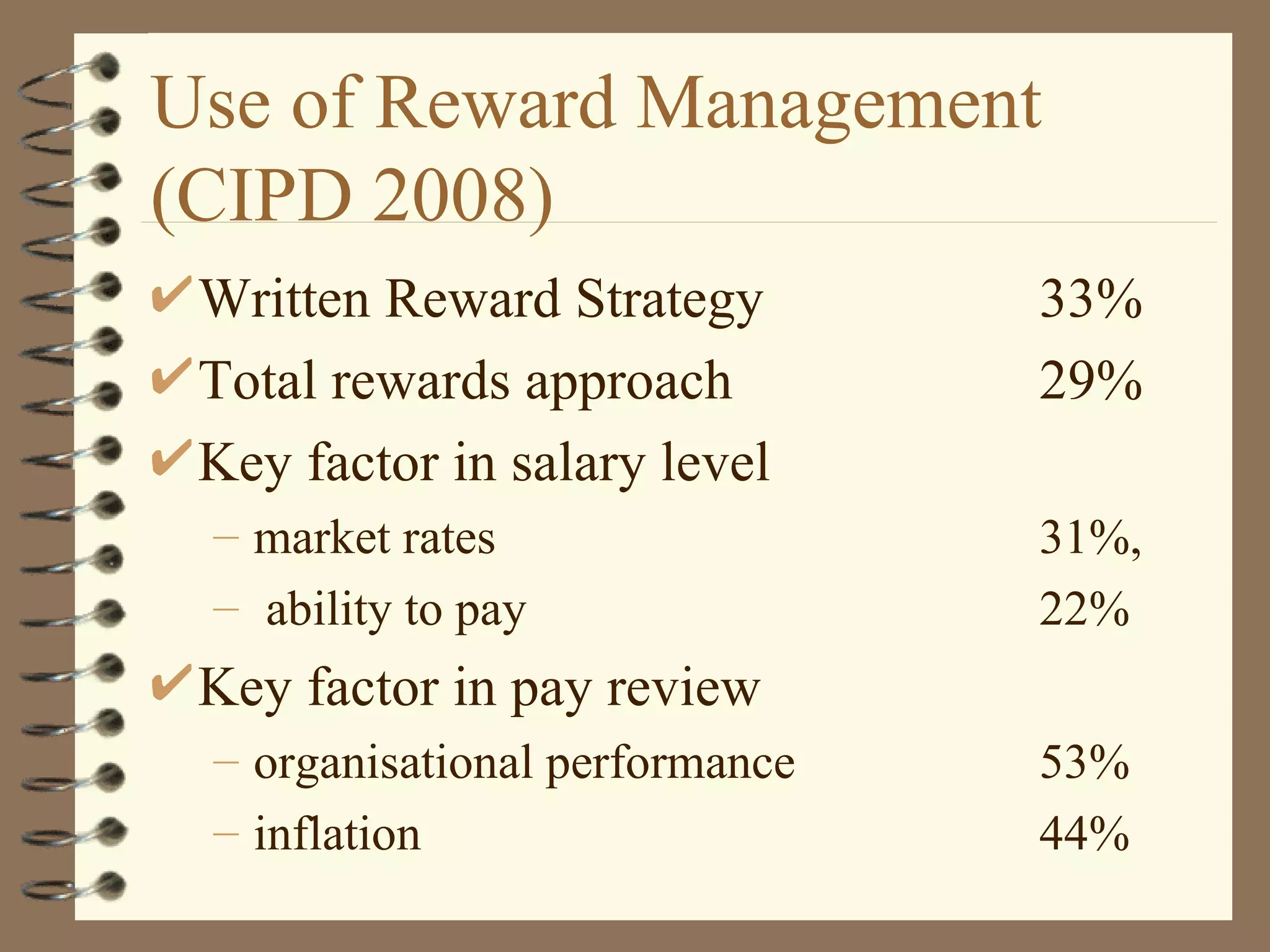 Use of Reward Management
(CIPD 2008)
 Written Reward Strategy        33%
 Total rewards approach         29%
 Key factor in salary level
 – market rates                 31%,
 – ability to pay               22%
 Key factor in pay review
 – organisational performance   53%
 – inflation                    44%
 