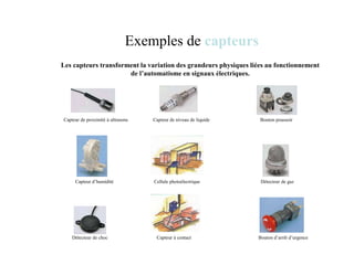 Exemples de capteurs
Les capteurs transforment la variation des grandeurs physiques liées au fonctionnement
de l’automatisme en signaux électriques.
Capteur de proximité à ultrasons
Capteur d’humidité Détecteur de gaz
Capteur de niveau de liquide
Cellule photoélectrique
Détecteur de choc Capteur à contact
Bouton poussoir
Bouton d’arrêt d’urgence
 