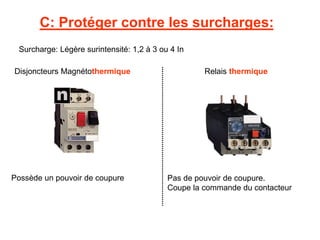C: Protéger contre les surcharges:
Disjoncteurs Magnétothermique Relais thermique
Possède un pouvoir de coupure Pas de pouvoir de coupure.
Coupe la commande du contacteur
Surcharge: Légère surintensité: 1,2 à 3 ou 4 In
 