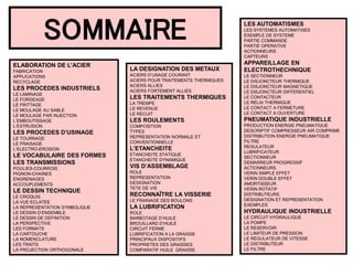 ELABORATION DE L’ACIER
FABRICATION
APPLICATIONS
RECYCLAGE
LES PROCEDES INDUSTRIELS
LE LAMINAGE
LE FORGEAGE
LE FRITTAGE
LE MOULAGE AU SABLE
LE MOULAGE PAR INJECTION
L’EMBOUTISSAGE
L’EXTRUSION
LES PROCEDES D’USINAGE
LE TOURNAGE
LE FRAISAGE
L’ELECTRO-EROSION
LE VOCABULAIRE DES FORMES
LES TRANSMISSIONS
POULIES-COURROIS
PIGNON-CHAINES
ENGRENAGES
ACCOUPLEMENTS
LE DESSIN TECHNIQUE
LE CROQUIS
LA VUE ECLATEE
LA REPRESENTATION SYMBOLIQUE
LE DESSIN D’ENSEMBLE
LE DESSIN DE DEFINITION
LA PERSPECTIVE
LES FORMATS
LA CARTOUCHE
LA NOMENCLATURE
LES TRAITS
LA PROJECTION ORTHOGONALE
LA DESIGNATION DES METAUX
ACIERS D’USAGE COURANT
ACIERS POUR TRAITEMENTS THERMIQUES
ACIERS ALLIES
ACIERS FORTEMENT ALLIES
LES TRAITEMENTS THERMIQUES
LA TREMPE
LE REVENUE
LE RECUIT
LES ROULEMENTS
COMPOSITION
TYPES
REPRESENTATION NORMALE ET
CONVENTIONNELLE
L’ETANCHEITE
ETANCHEITE STATIQUE
ETANCHEITE DYNAMIQUE
VIS D’ASSEMBLAGE
ROLE
REPRESENTATION
DESIGNATION
TETE DE VIS
RECONNAÎTRE LA VISSERIE
LE FRAINAGE DES BOULONS
LA LUBRIFICATION
ROLE
BARBOTAGE D’HUILE
BROUILLARD D’HUILE
CIRCUIT FERME
LUBRIFICATION A LA GRAISSE
PRINCIPAUX DISPOSITIFS
PROPRIETES DES GRAISSES
COMPARATIF HUILE GRAISSE
LES AUTOMATISMES
LES SYSTEMES AUTOMATISES
EXEMPLE DE SYSTEME
PARTIE COMMANDE
PARTIE OPERATIVE
ACTIONNEURS
CAPTEURS
APPAREILLAGE EN
ELECTROTHECHNIQUE
LE SECTIONNEUR
LE DISJONCTEUR THERMIQUE
LE DISJONCTEUR MAGNETIQUE
LE DISJONCTEUR DIFFERENTIEL
LE CONTACTEUR
LE RELAI THERMIQUE
LE CONTACT A FERMETURE
LE CONTACT A OUVERTURE
PNEUMATIQUE INDUSTRIELLE
PRODUCTION ENERGIE PNEUMATIQUE
DESCRIPTIF COMPRESSEUR AIR COMPRIME
DISTRIBUTION ENERGIE PNEUMATIQUE
FILTRE
REGULATEUR
LUBRIFICATEUR
SECTIONNEUR
DEMARREUR PROGRESSIF
ACTIONNEURS
VERIN SIMPLE EFFET
VERIN DOUBLE EFFET
AMORTISSEUR
VERIN ROTATIF
DISTRIBUTEURS
DESIGNATION ET REPRESENTATION
EXEMPLES
HYDRAULIQUE INDUSTRIELLE
LE CIRCUIT HYDRAULIQUE
LA POMPE
LE RESERVOIR
LE LIMITEUR DE PRESSION
LE REGULATEUR DE VITESSE
LE DISTRIBUTEUR
LE FILTRE
SOMMAIRE
 