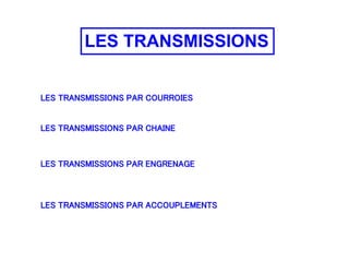 LES TRANSMISSIONS
LES TRANSMISSIONS PAR COURROIES
LES TRANSMISSIONS PAR CHAINE
LES TRANSMISSIONS PAR ENGRENAGE
LES TRANSMISSIONS PAR ACCOUPLEMENTS
 